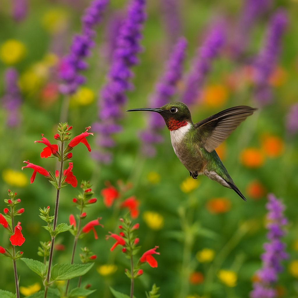 Colibrí alimentándose en jardín de flores nativas, alternativa a los bebederos comerciales