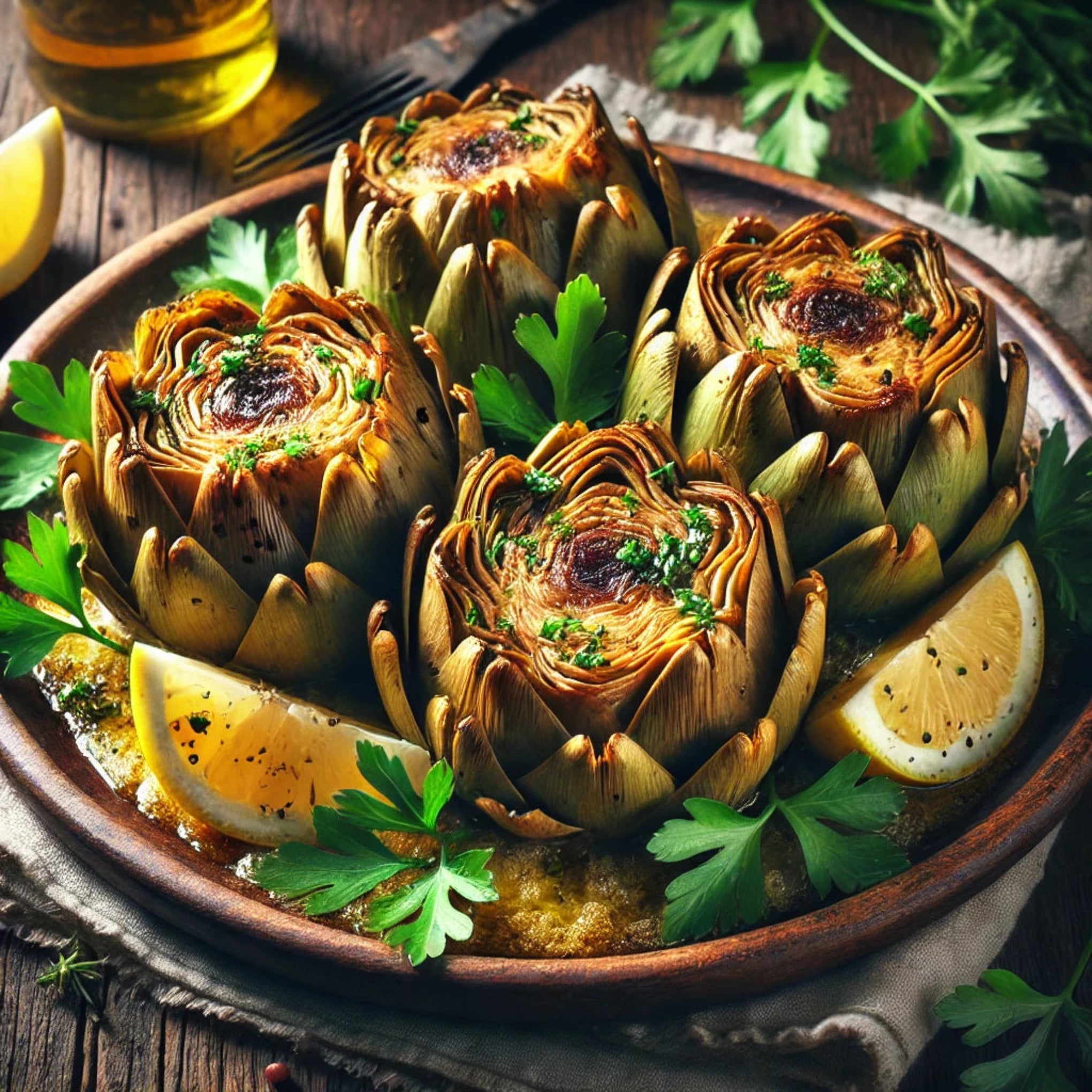 Semillas de Alcachofa Plato con cuatro alcachofas asadas al horno acompañadas de limones partidos, ideal para mostrar una forma deliciosa de preparar alcachofas caseras.