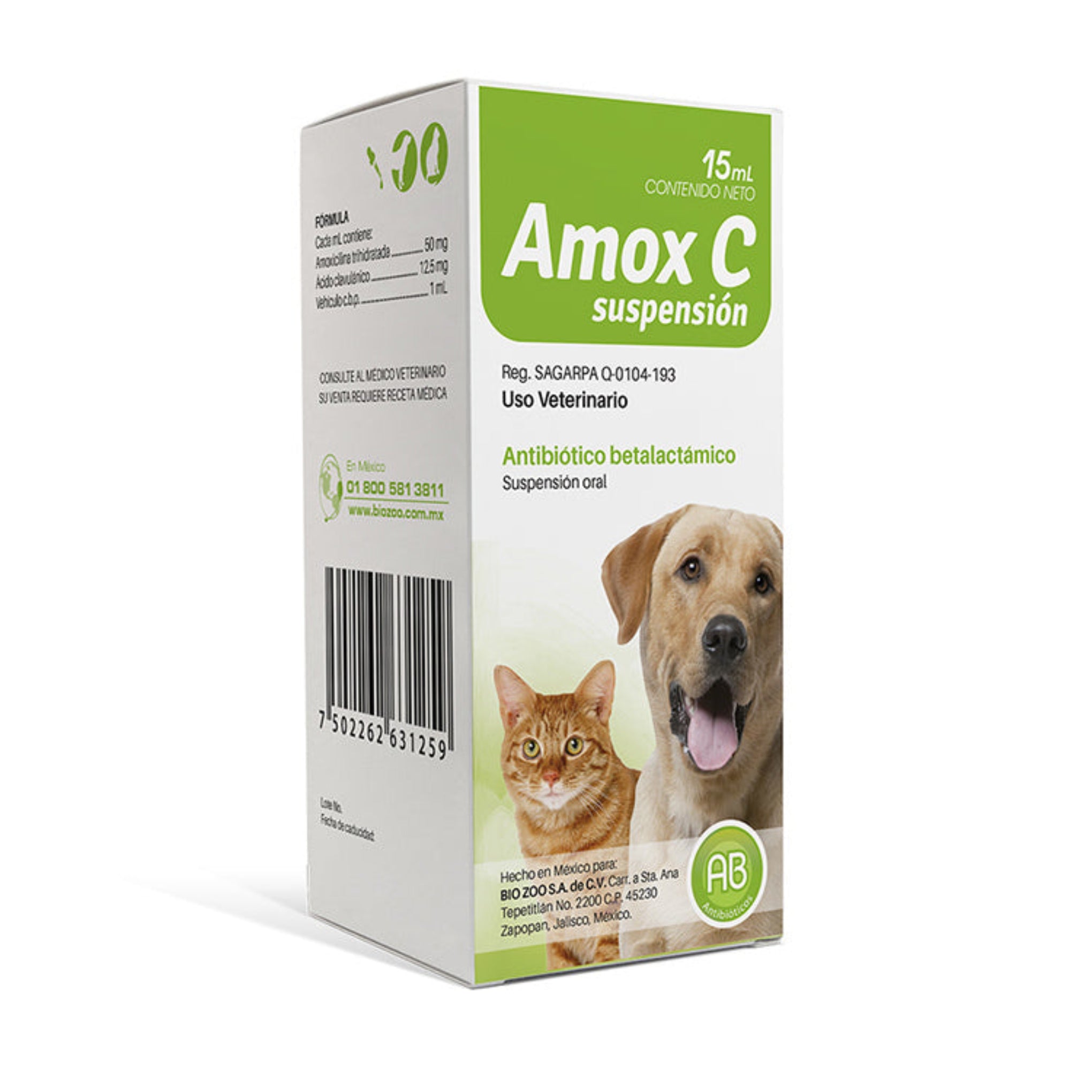 Amox C suspensión Caja de Amox C Suspensión 15 mL, antibiótico de amplio espectro para tratar infecciones en perros y gatos