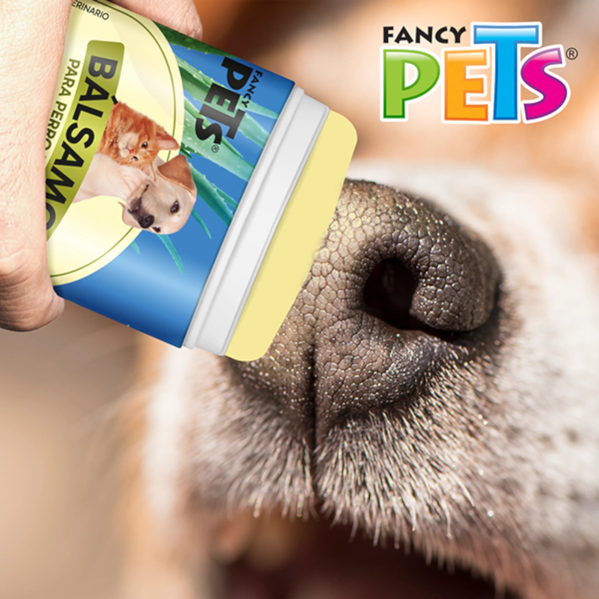 Bálsamo humectante con aloe vera Bálsamo humectante de aloe vera aplicado en la nariz de un perro, ideal para piel reseca y agrietada.