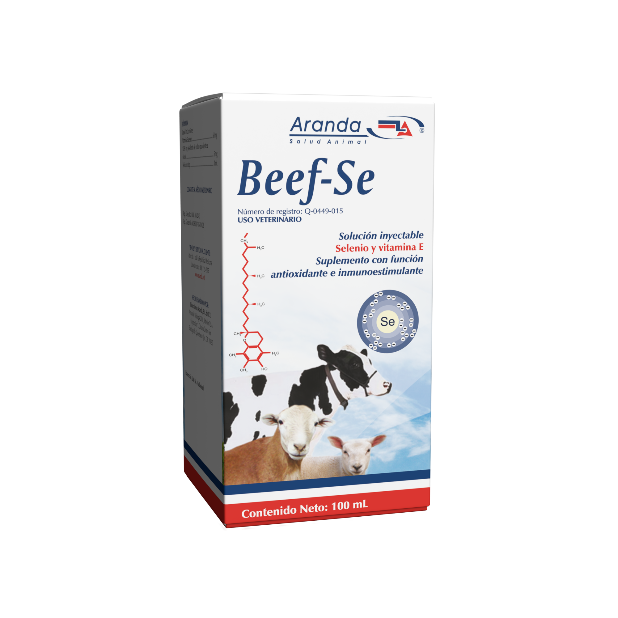 Beef- Se Solución Inyectable Imagen de producto Beef-Se, suplemento inyectable para bovinos y porcinos que previene deficiencias de vitamina E y selenio
