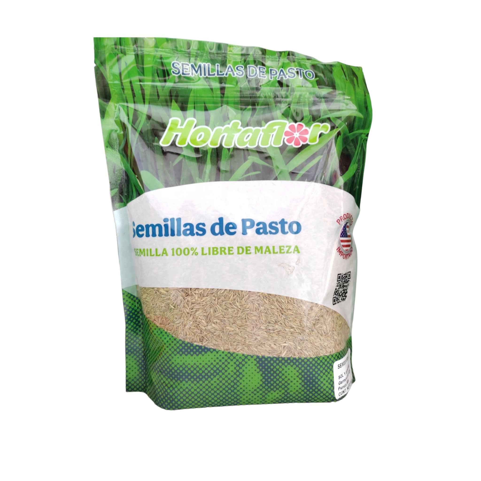 Semilla de Pasto Libre de Maleza 500 g Hortaflor Imagen de una bolsa de 500g de semillas de pasto libre de maleza, ideal para jardines verdes y fáciles de mantener.