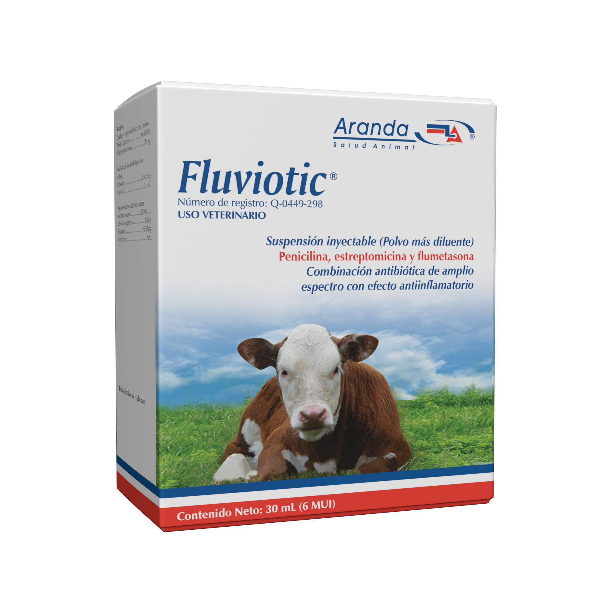 Fluviotic inyectable Fluviotic 6MUI en presentación de 30ml, tratamiento antibiótico y antiinflamatorio para animales grandes