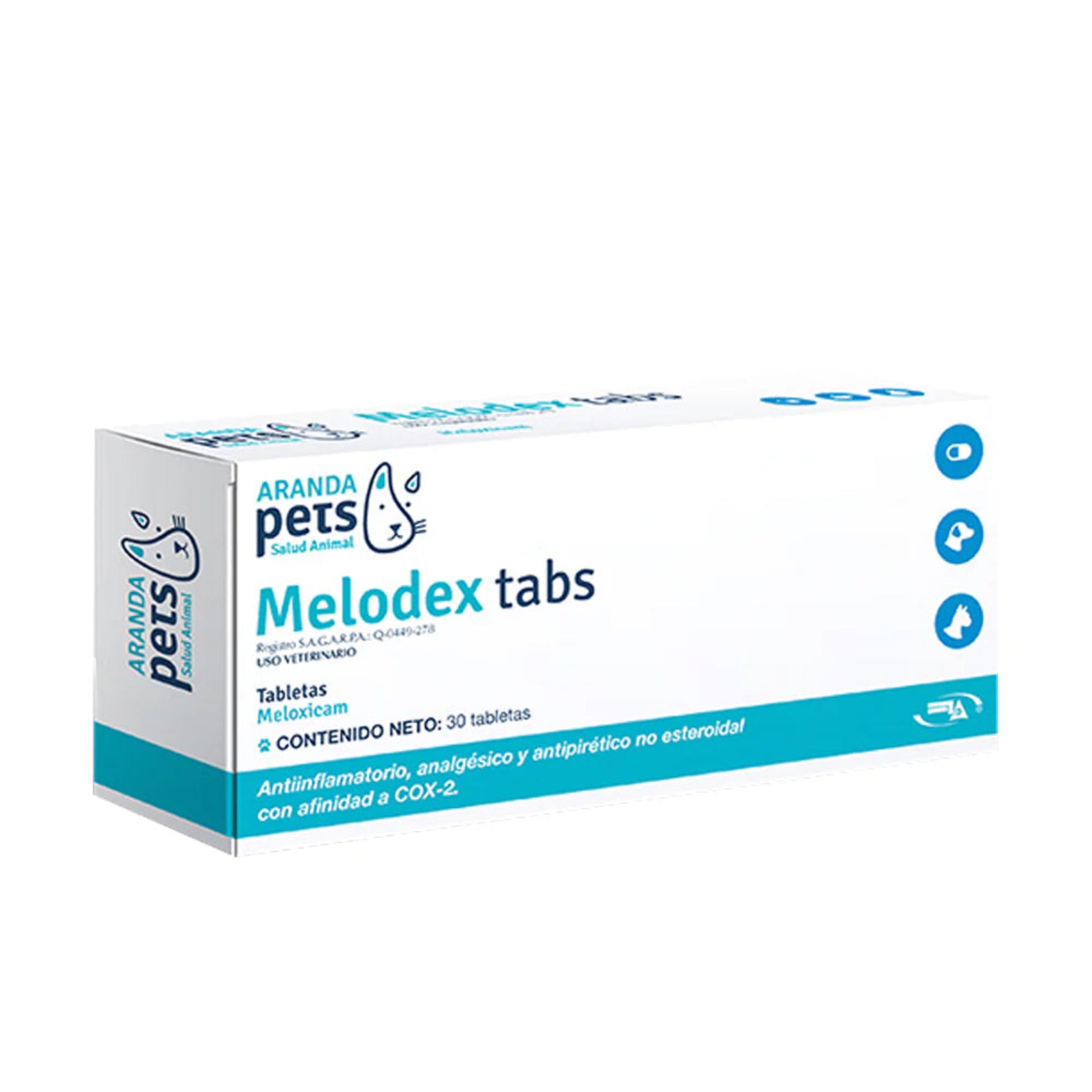 Melodex tabletas Imagen de la caja de Melodex Tabletas, medicamento antiinflamatorio y analgésico para perros, gatos y caballos, utilizado para tratar dolor y fiebre.