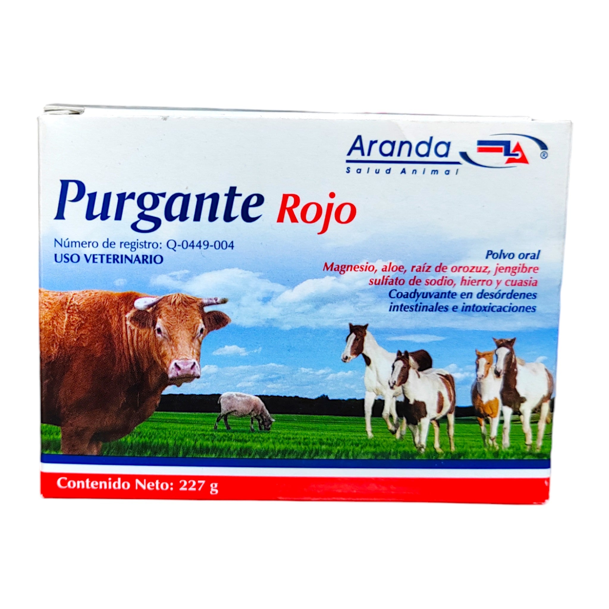 Purgante rojo Imagen del envase de Purgante Rojo, tratamiento digestivo para animales de granja