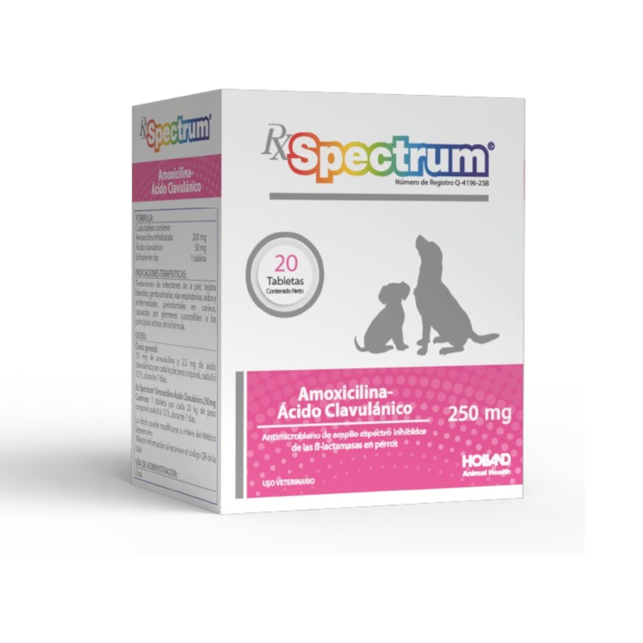 Rx Spectrum tabletas 250mg Caja de Rx Spectrum 250 mg con 20 tabletas, antibiótico de amplio espectro con amoxicilina y ácido clavulánico para tratar infecciones en perros y gatos