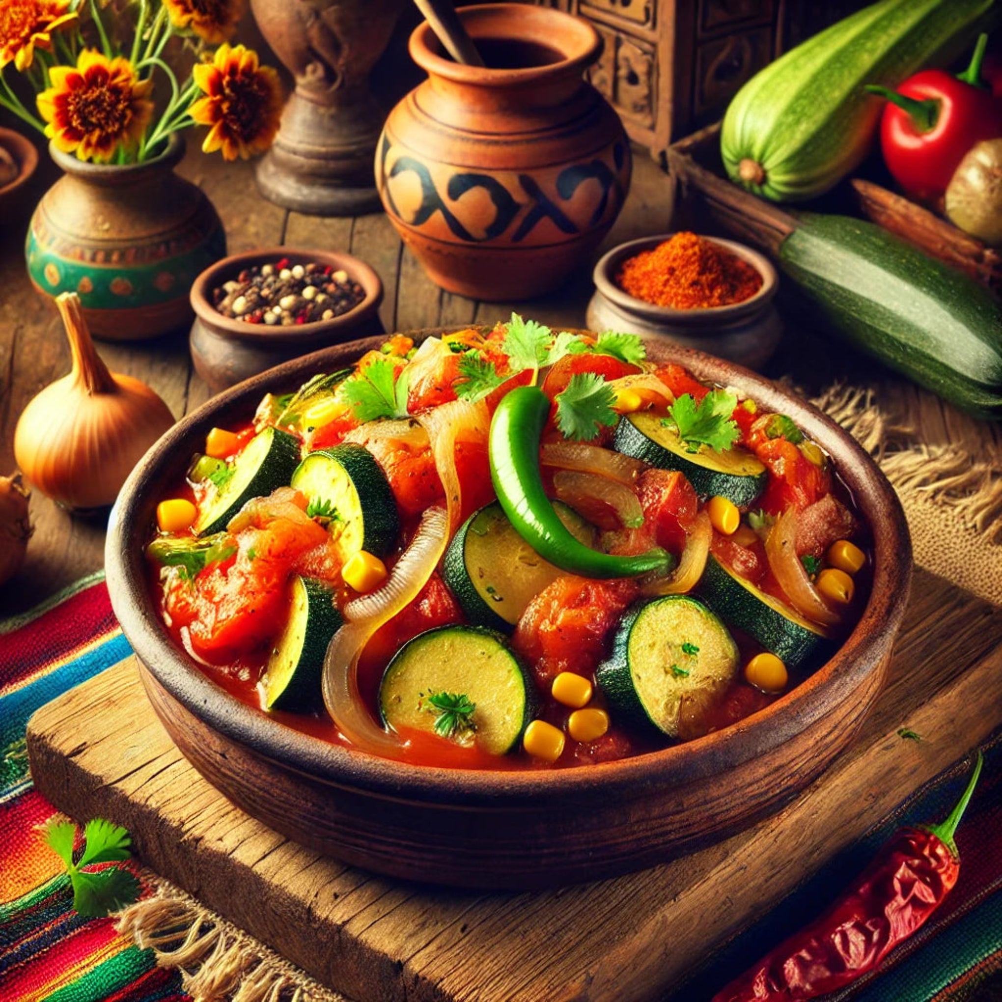 Semillas de Calabaza Larga Plato de calabacitas a la mexicana con jitomate, cebolla y elote, mostrando el uso tradicional de la calabaza larga en la cocina casera.