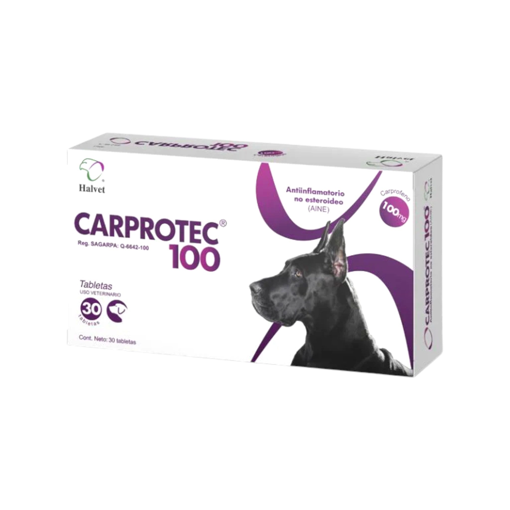 Carprotec 100 Caja de Carprotec 100mg, medicamento antiinflamatorio oral para perros con dolor articular o postoperatorio.