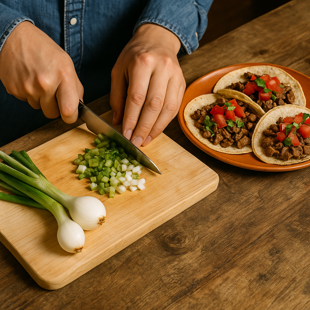 Semillas de Cebollas de Cambray Persona picando cebollitas cambray frescas junto a un plato de tacos en una cocina, mostrando su uso culinario tradicional.