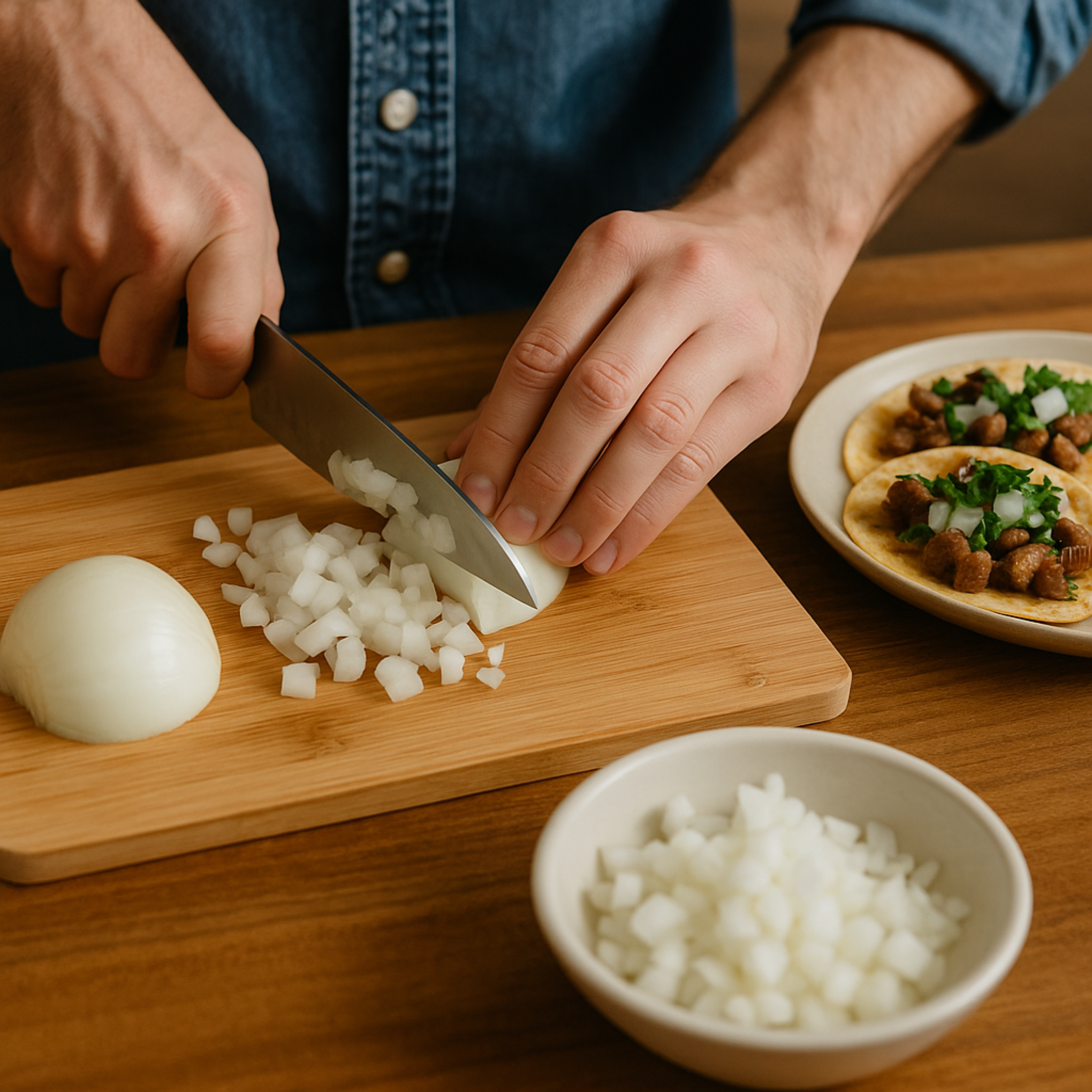 Semillas de Cebollas Blancas Persona picando cebolla blanca sobre tabla de madera con tacos de suadero al fondo, mostrando su uso en la cocina mexicana.