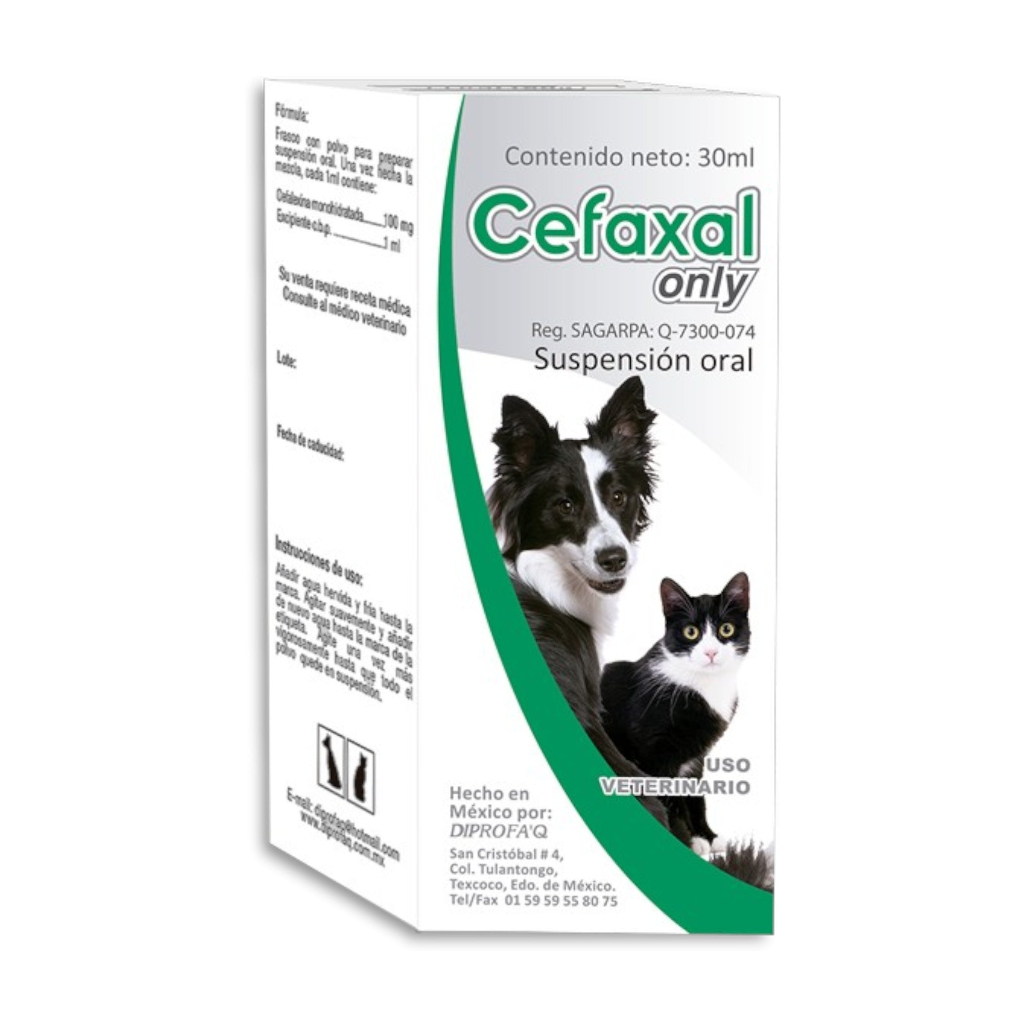 Cefaxal only suspensión Caja de Cefaxal Only Suspensión, antibiótico oral con cefalexina 100 mg para tratar infecciones en perros y gatos