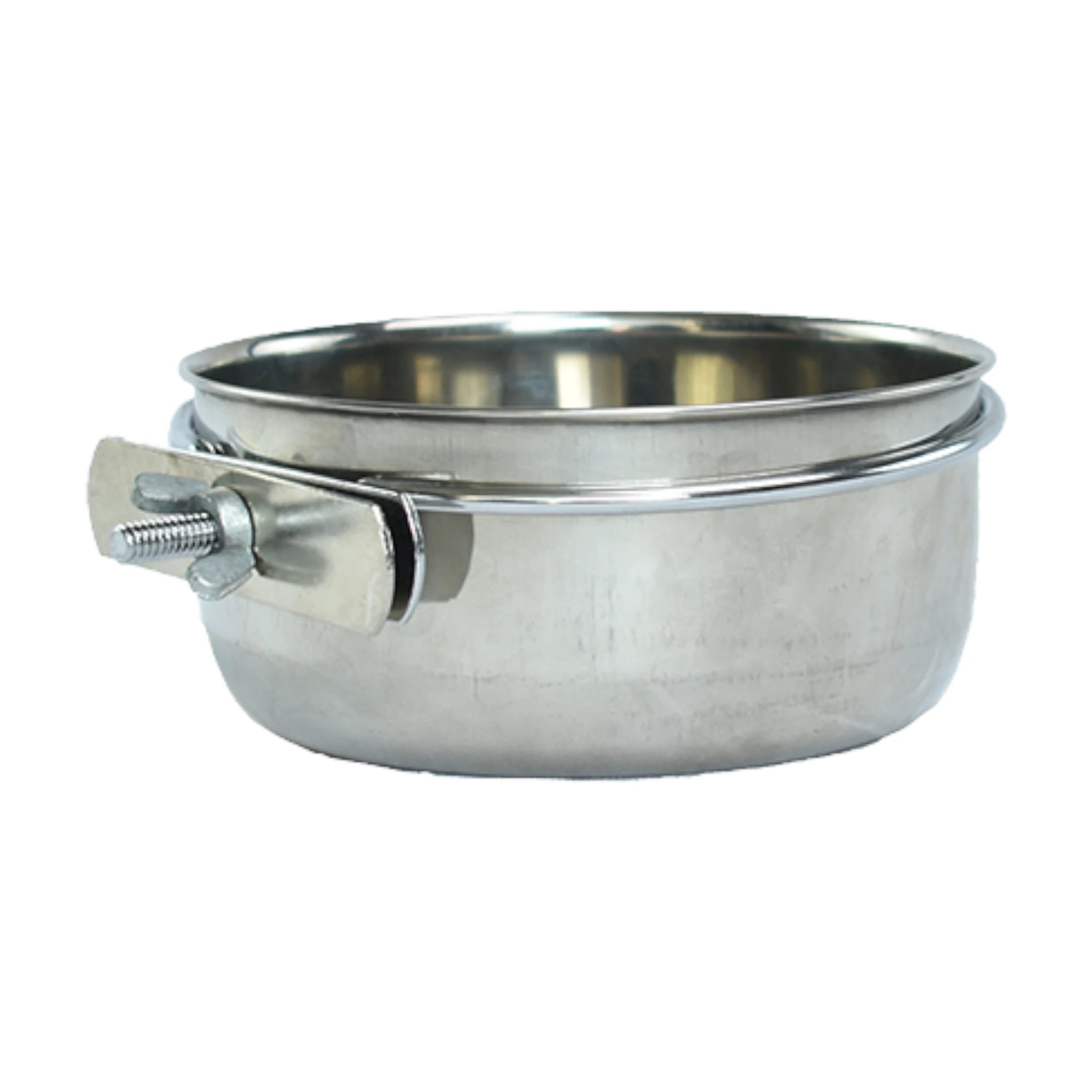 Comedero Taza de acero con abrazadera Comedero de acero inoxidable con sistema de fijación de tornillo para jaulas.
