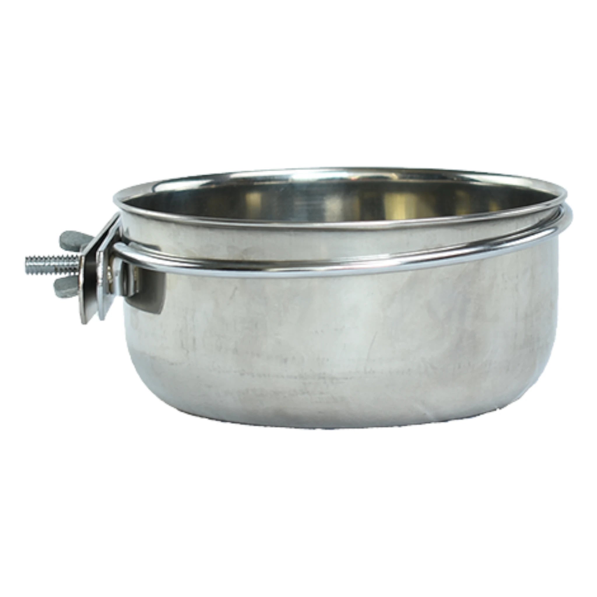 Comedero Taza de acero con abrazadera Vista lateral de comedero de acero inoxidable resistente y seguro para aves.