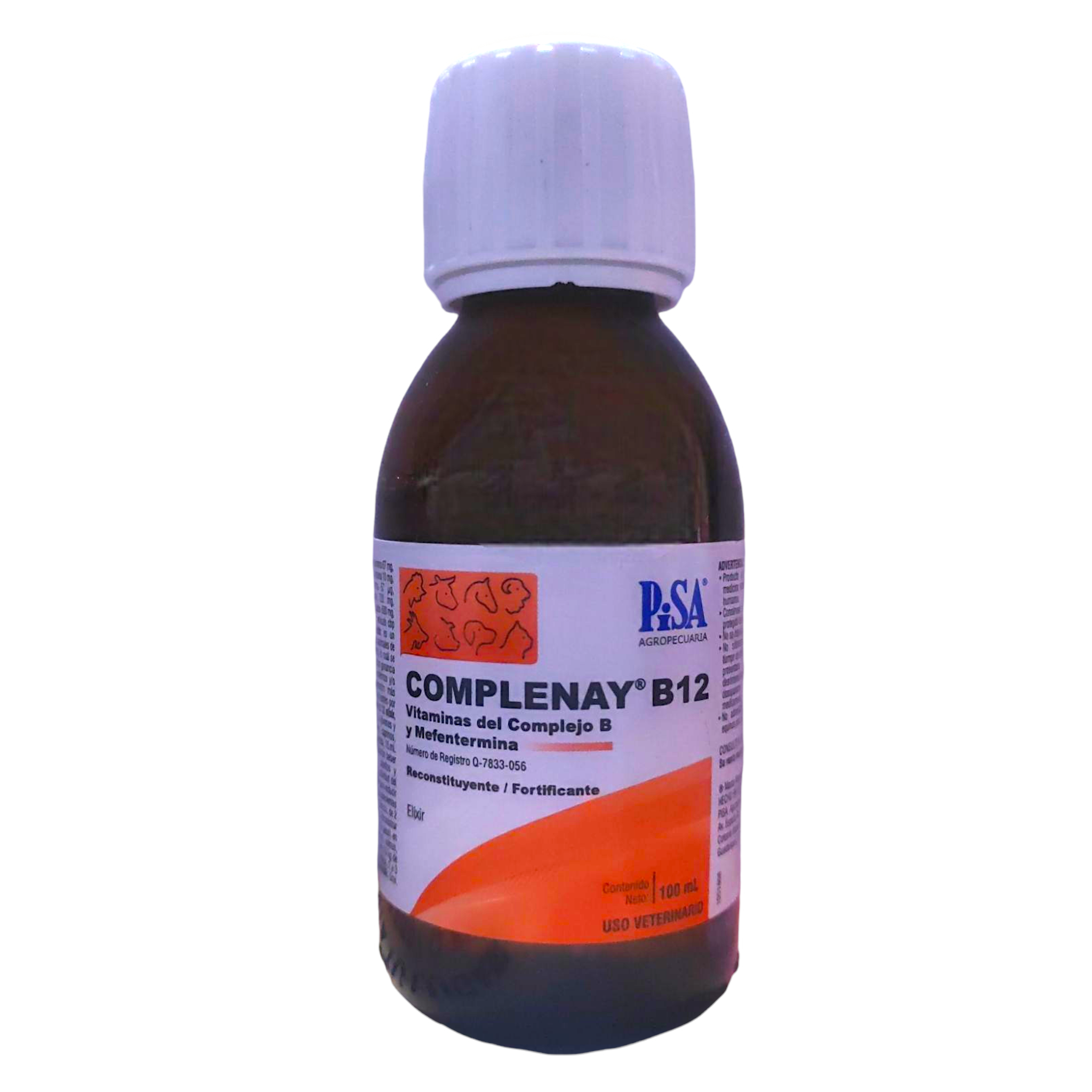 Complenay B12 Envase de Complenay B12, un elíxir multivitamínico para aves, ganado, perros y gatos. Ayuda a mejorar la recuperación, energía y respuesta al estrés.