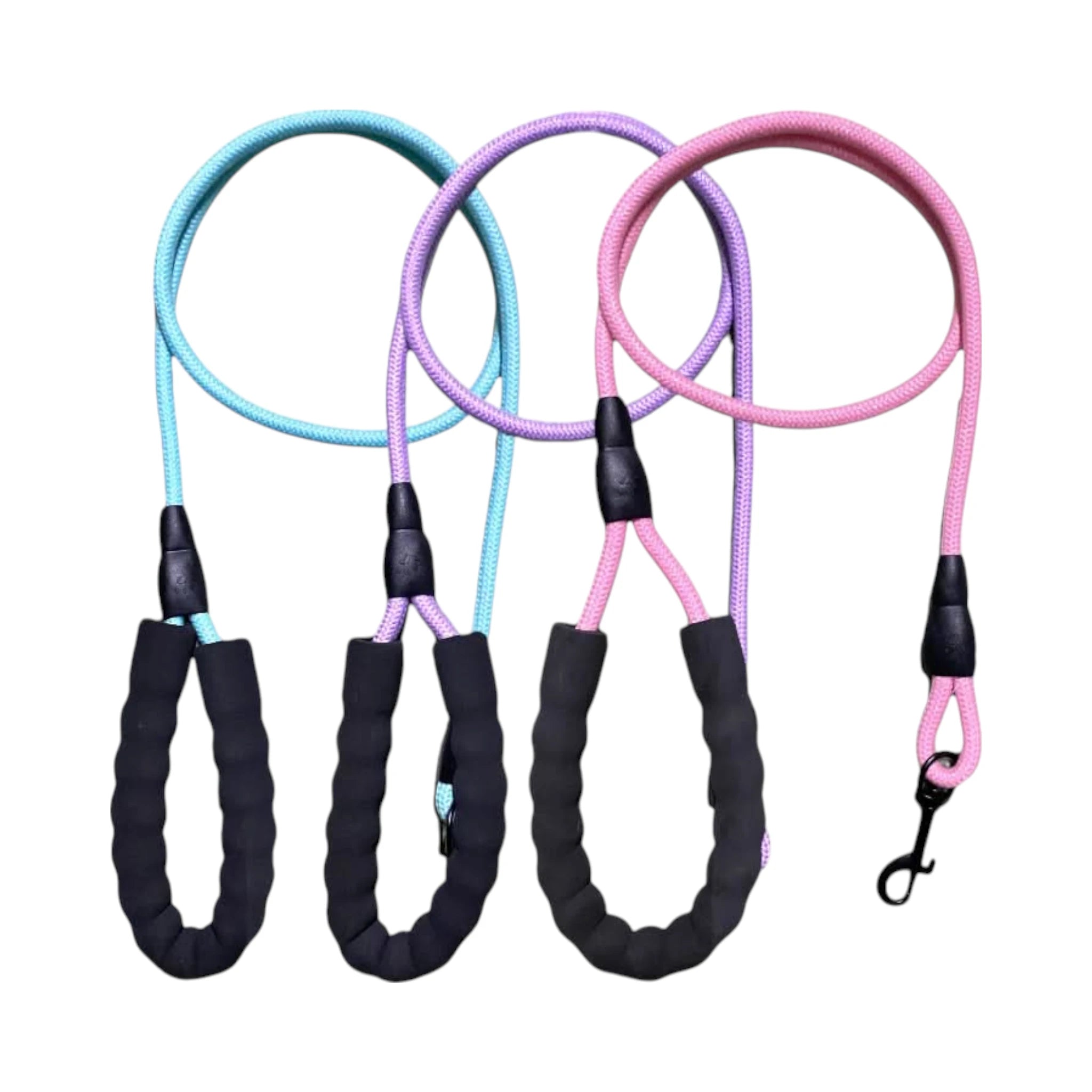 Correa de piola con brillos Correa redonda para perro de 1.2 m hecha de nylon con hilos brillantes, gancho giratorio con seguro, agarradera acolchada y guardas de goma en los extremos.