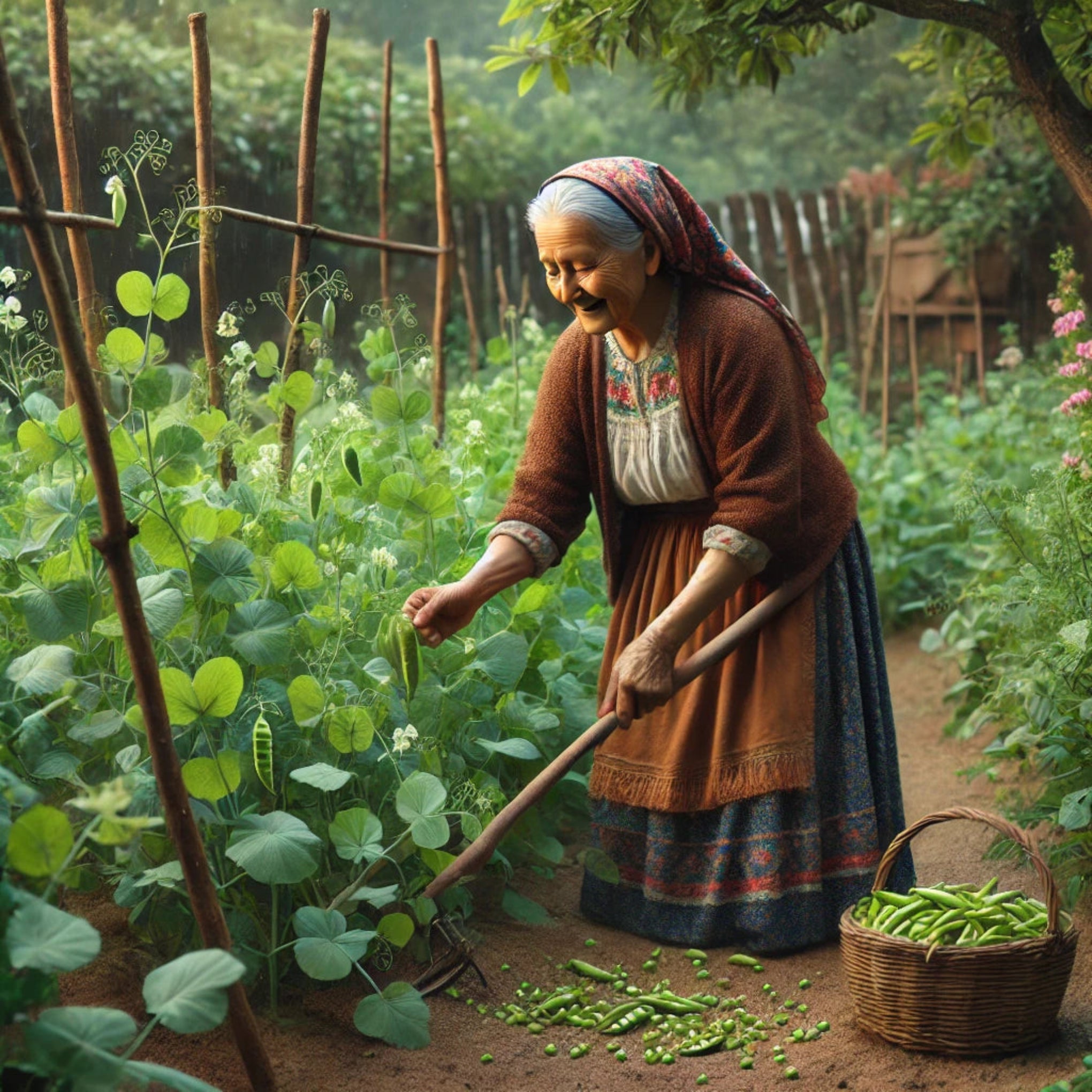 Semillas de Chicharo Mujer adulta mayor agachada cosechando chícharos en un huerto casero, rodeada de plantas verdes y vainas frescas