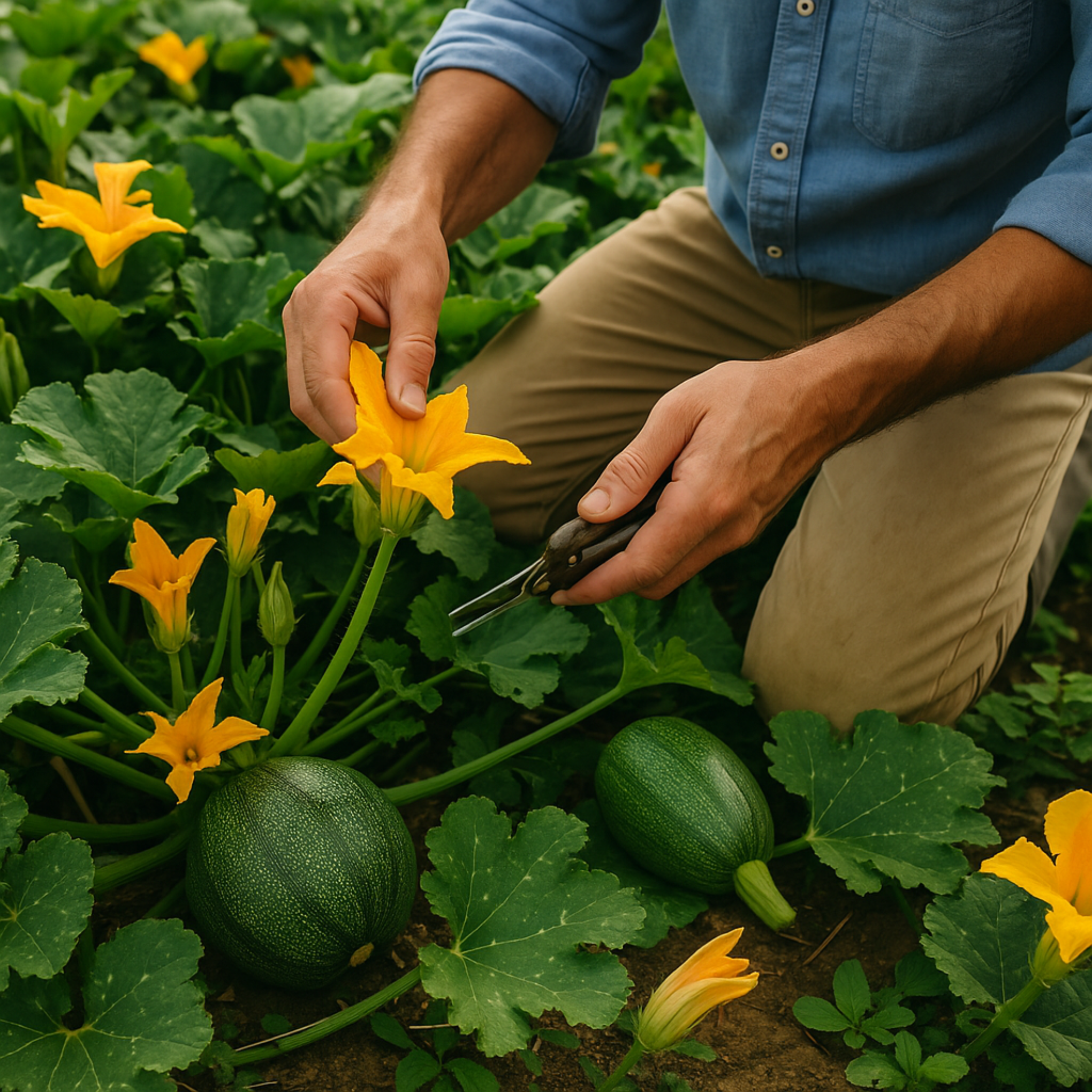 Semillas de Calabaza redonda Persona cosechando flor de calabaza en un huerto con plantas de calabaza redonda y flores amarillas, ideal para ilustrar el cultivo casero.