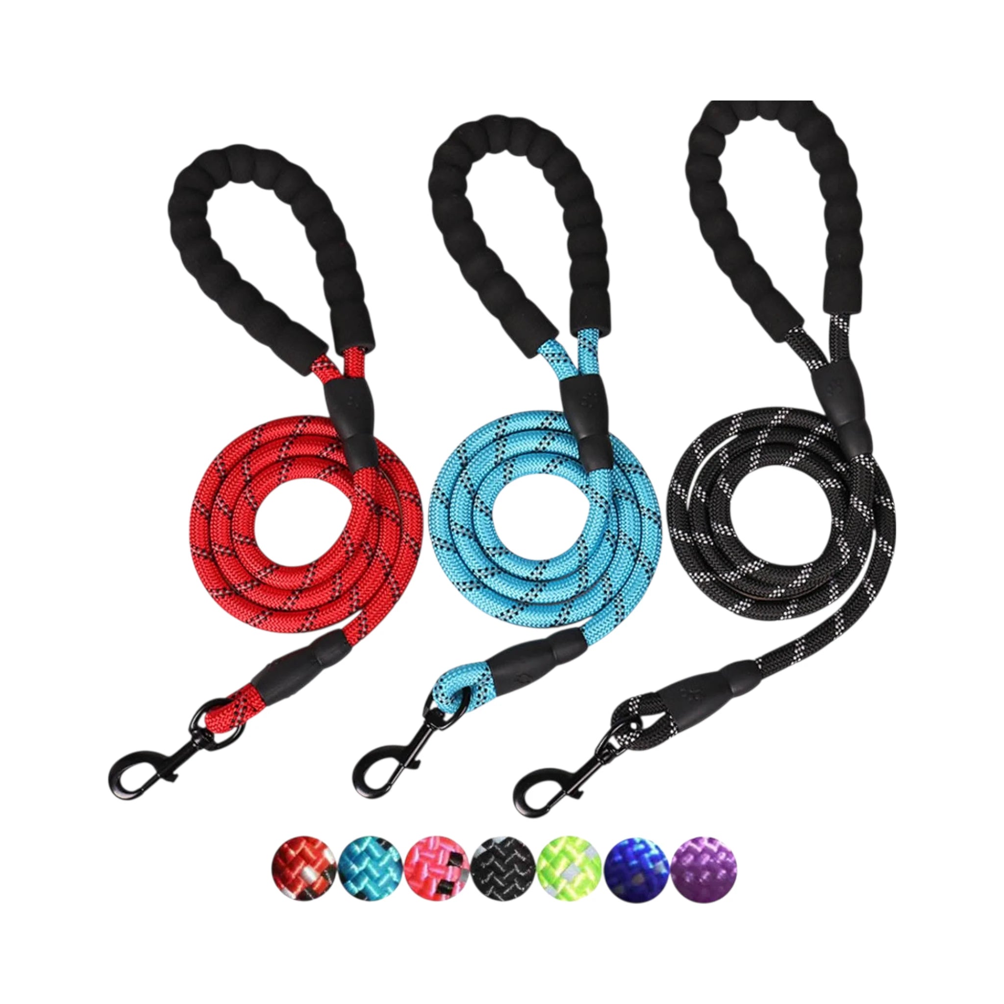 Correa de piola con mango acolchado Vista cercana del tejido de la correa de piola, destacando textura y reflejante.