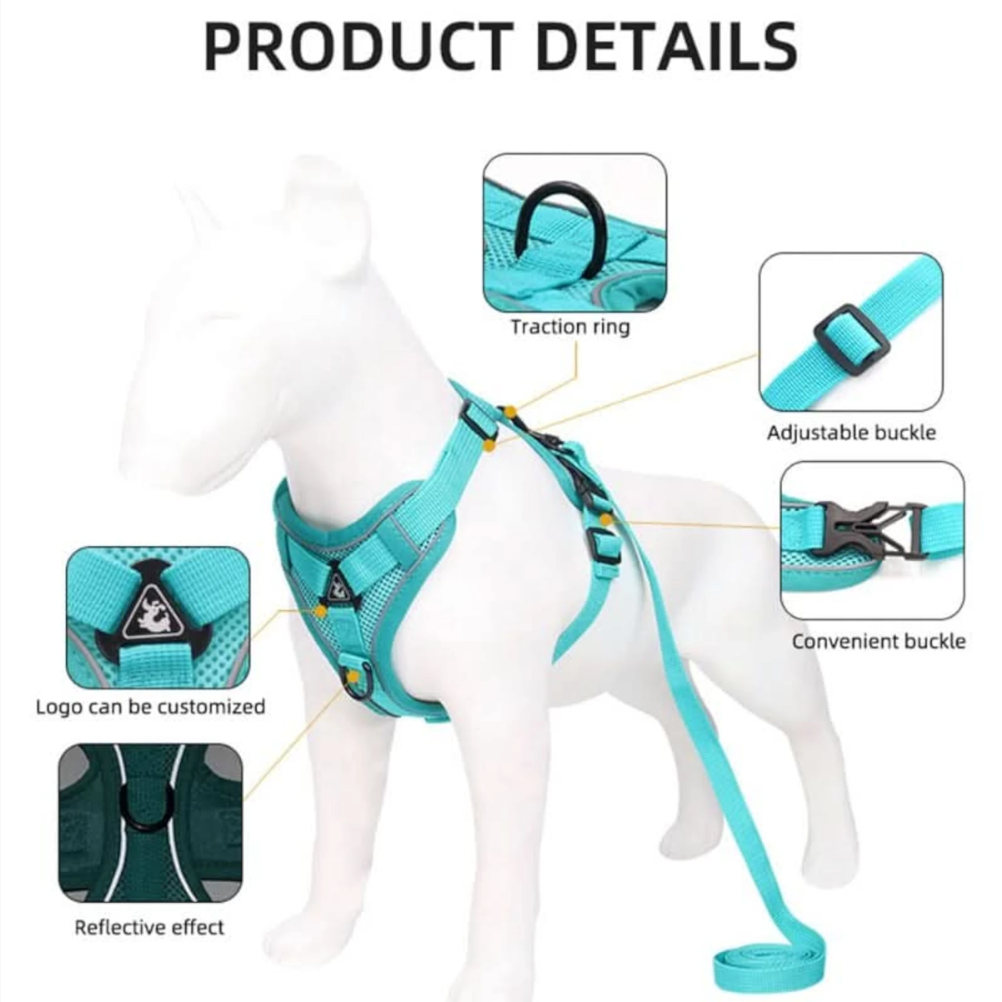 Pechera con correa Imagen que muestra los detalles de la pechera: bandas reflejantes, doble argolla y sistema de ajuste.
