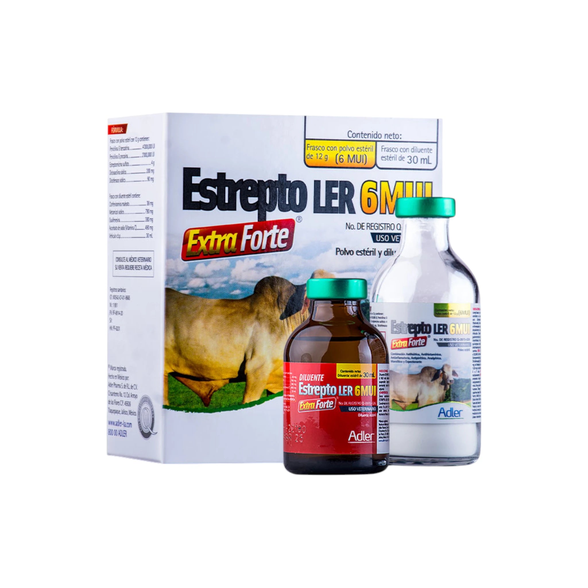 Estrepto LER ExtraForte 6MUI  Frasco de Estrepto LER extra forte 6MUI 30ml, solución inyectable para infecciones respiratorias, digestivas y musculares en animales