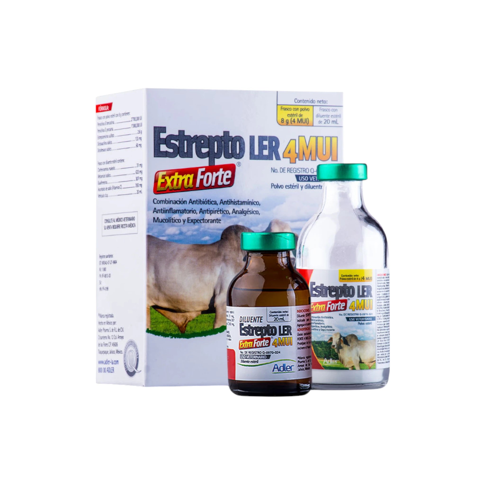 Estrepto LER Extra Forte 4MUI Frasco de Estrepto LER extra forte 4MUI 20ml, antibiótico y antiinflamatorio para uso veterinario en animales de producción y mascotas