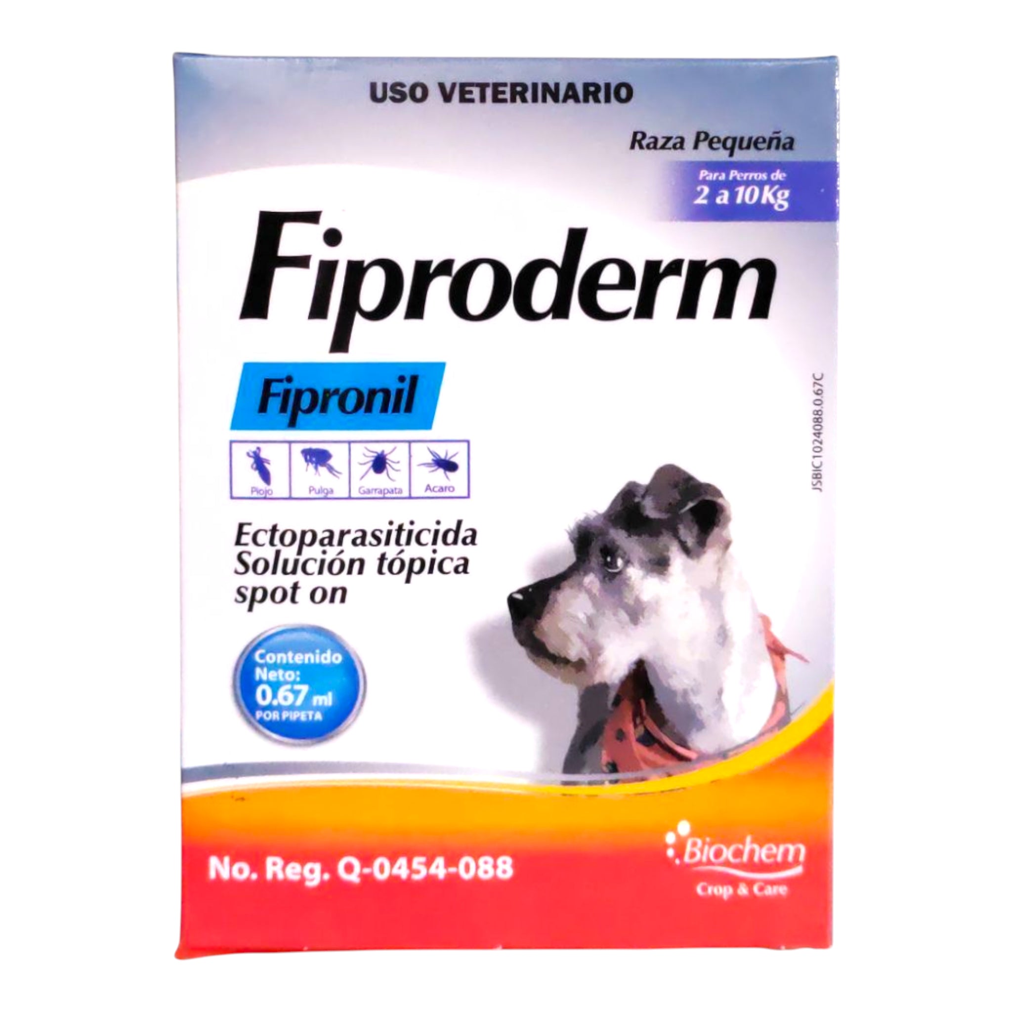 Fiproderm pipeta antipulgas  2 a 10kg Pipeta Fiproderm 0.67 ml de Biochem para perros de 2 a 10 kg, solución tópica con fipronil que elimina pulgas, garrapatas, ácaros y piojos