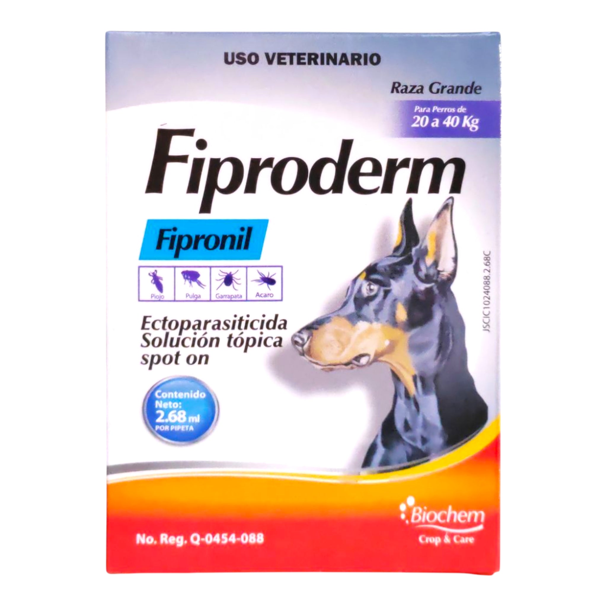 Fiproderm pipeta anti pulgas de 20kg A 40kg Pipeta Fiproderm 2.68 ml de Biochem para perros de 10 a 20 kg, solución tópica con Fipronil que elimina pulgas, garrapatas, ácaros y piojos