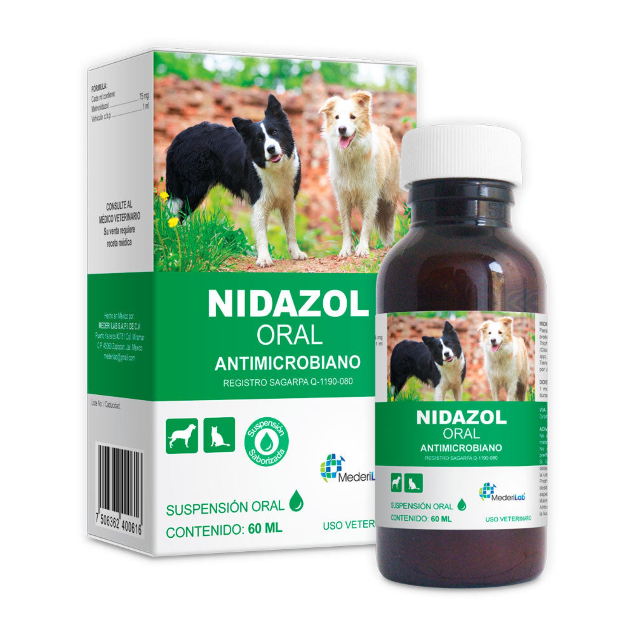 Nidazol oral Antimicrobiano Imagen del envase de Nidazol Oral, antiparasitario para mascotas con metronidazol