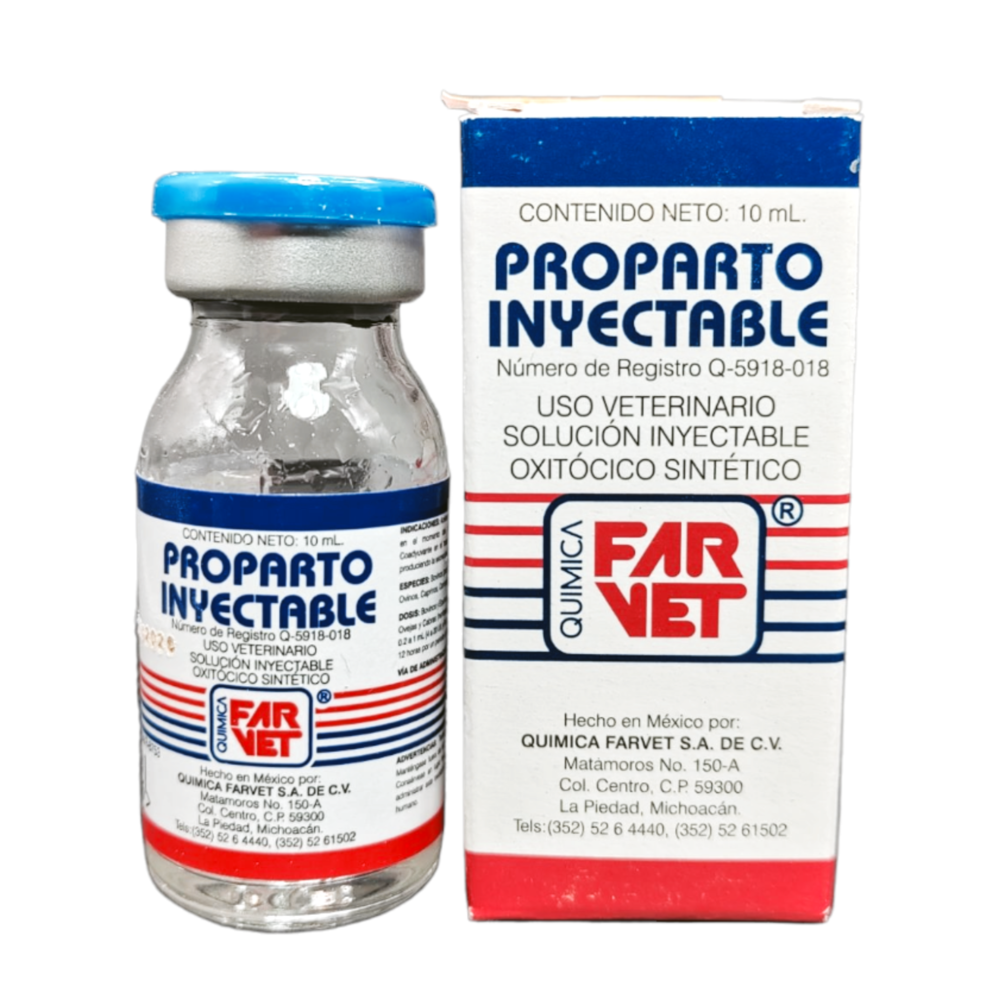 Proparto Inyectable Imagen del medicamento Proparto Inyectable en presentación de 10ml, usado para facilitar el parto y tratar mastitis en animales como vacas, yeguas y perras.