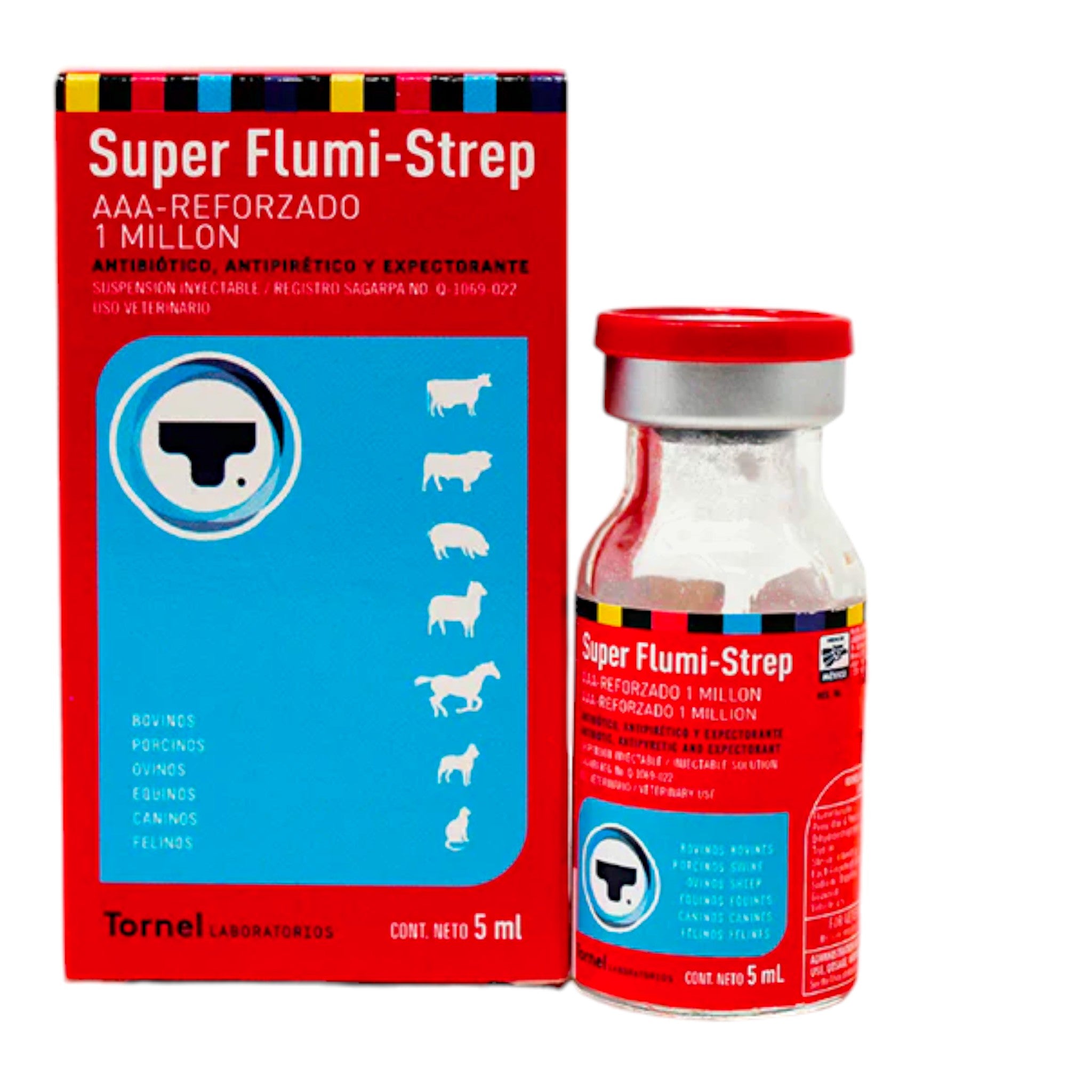 Super Flumi-Strep AAA Reforzado 2MUI Imagen del frasco de Super Flumi Strep AAA Reforzado 2MUI 10ml, antibiótico y antiinflamatorio inyectable para perros, caballos, cerdos y más