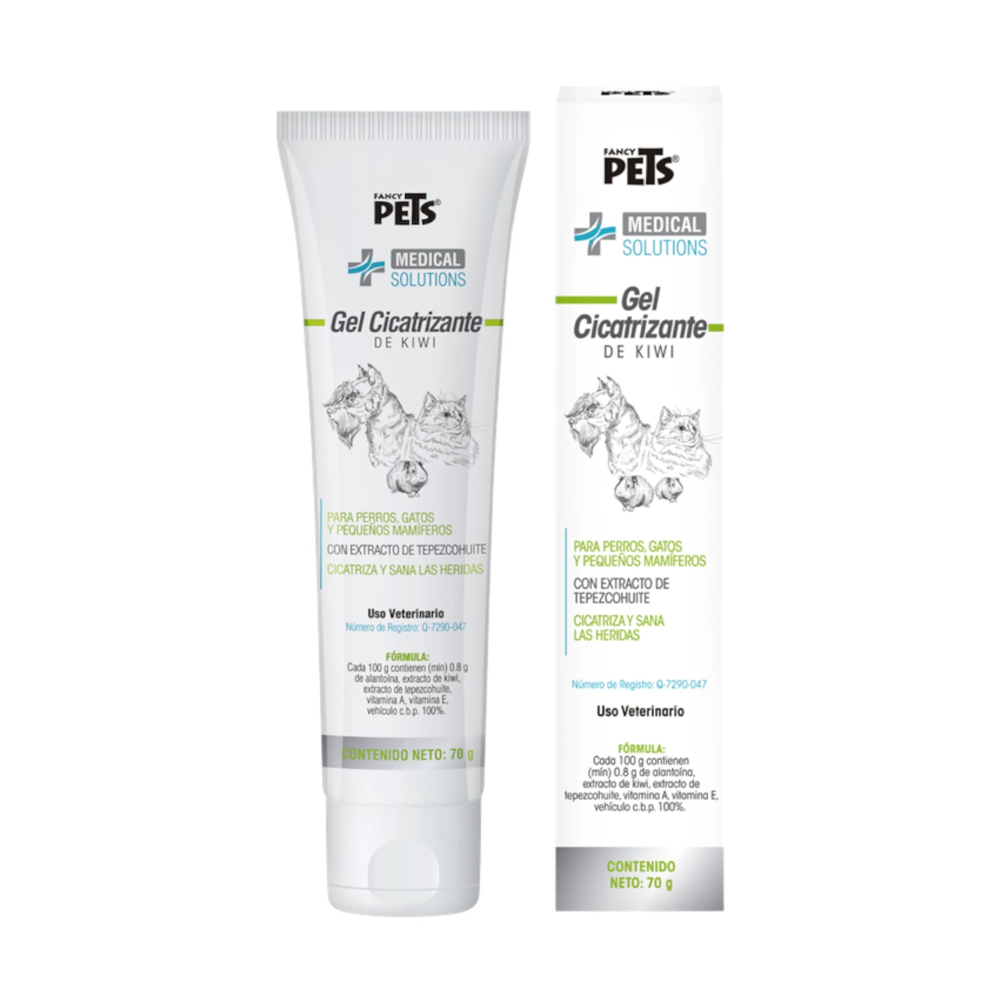 Gel cicatrizante de Kiwi Gel Cicatrizante de Kiwi Fancy Pets en presentación de 70 g con caja y tubo, fórmula con tepezcohuite, kiwi y vitaminas para perros, gatos y pequeños mamíferos.