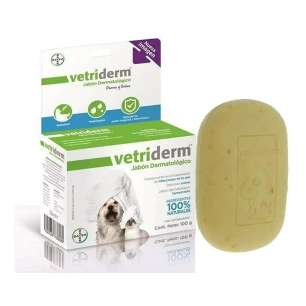 Jabón dermatológico Vetriderm Jabón Antiseborreico y Queratolítico Vetriderm con su caja, ideal para tratar dermatitis, eccemas y piel sensible en perros y gatos. Contiene avena, aloe vera, preventol y alantoína.