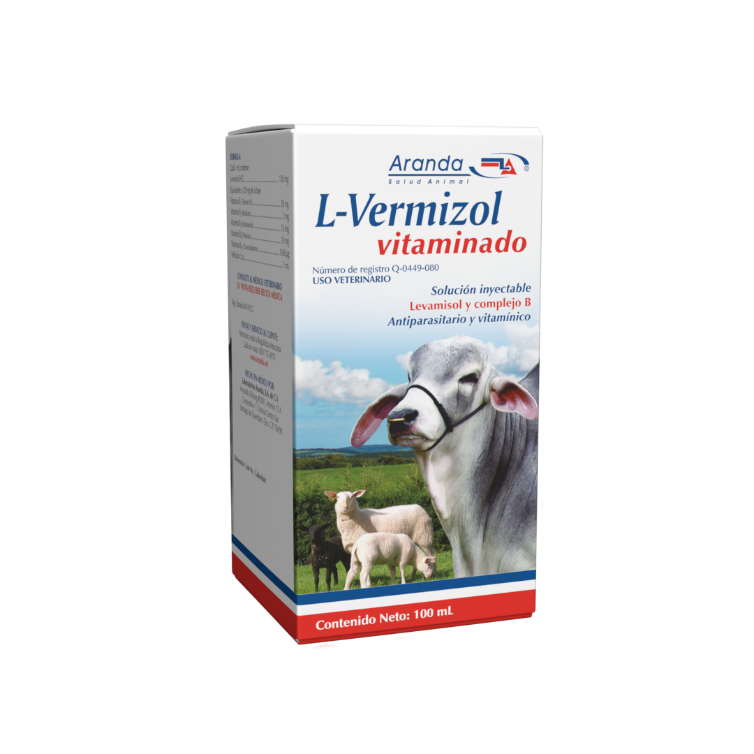 L- Vermizol Desparasitante Vitaminado Inyectable Producto L-Vermizol Vitaminado en presentación de 100 ml, antiparasitario para uso veterinario