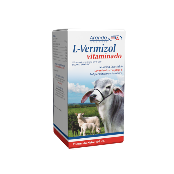 Producto L-Vermizol Vitaminado en presentación de 100 ml, antiparasitario para uso veterinario