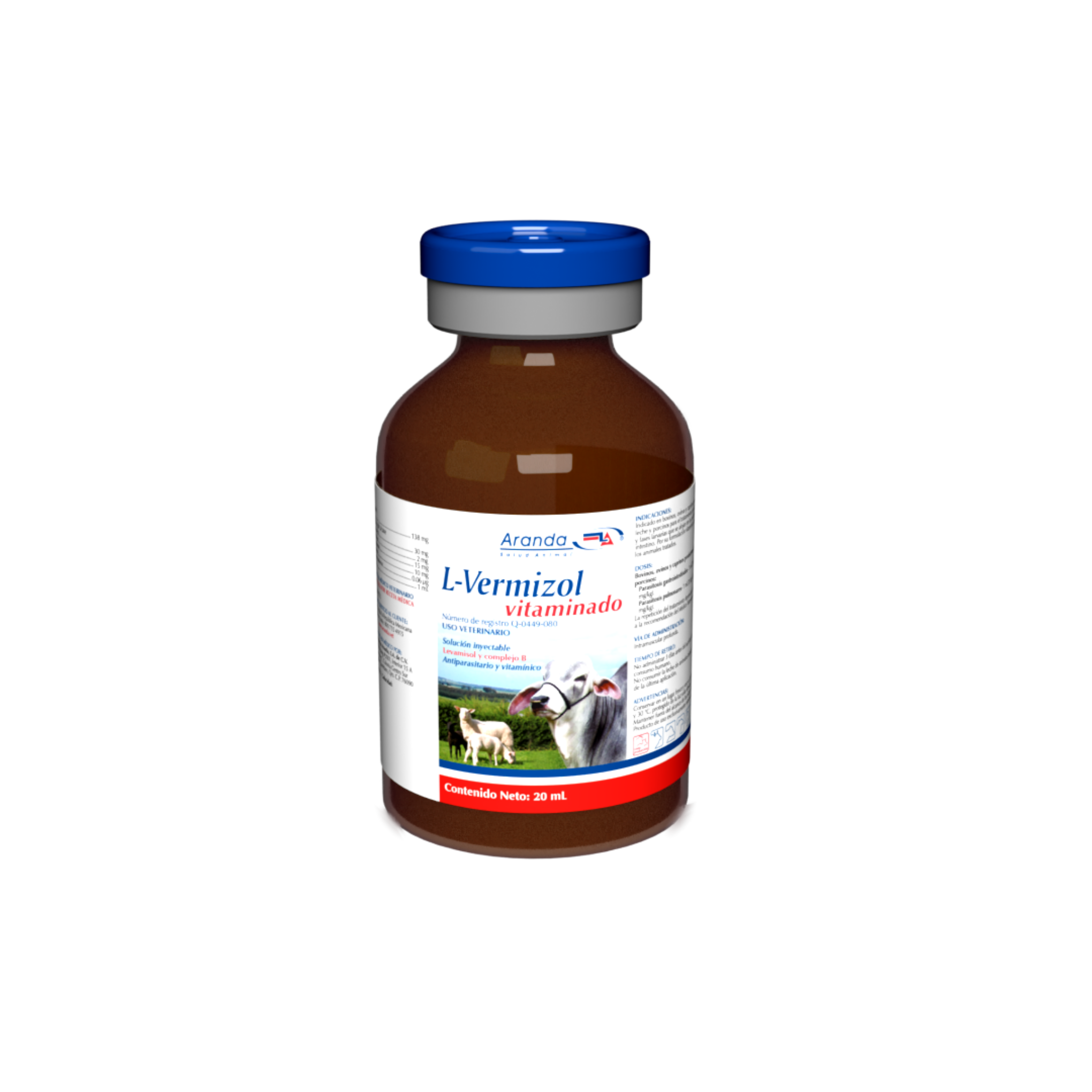 L- Vermizol Desparasitante Vitaminado Inyectable Imagen del frasco de L-Vermizol Vitaminado 20 ml, ideal para bovinos y porcinos con fórmula antiparasitaria
