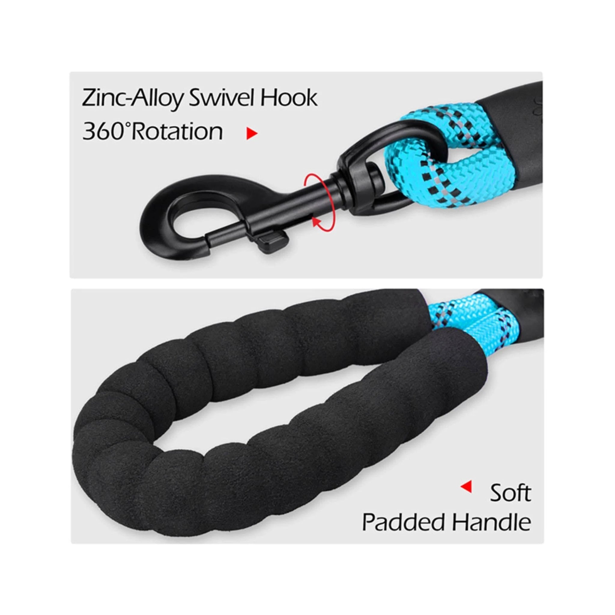 Correa de piola con mango acolchado Close up del mango acolchado de la correa y el gancho giratorio de aleación de zinc.