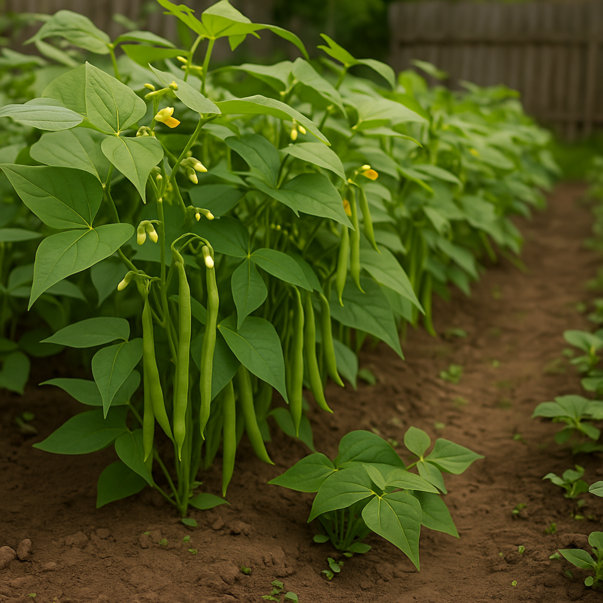 Semillas de Frijol Ejotero Planta de frijol ejotero creciendo en un huerto casero de traspatio, mostrando vainas verdes listas para cosechar