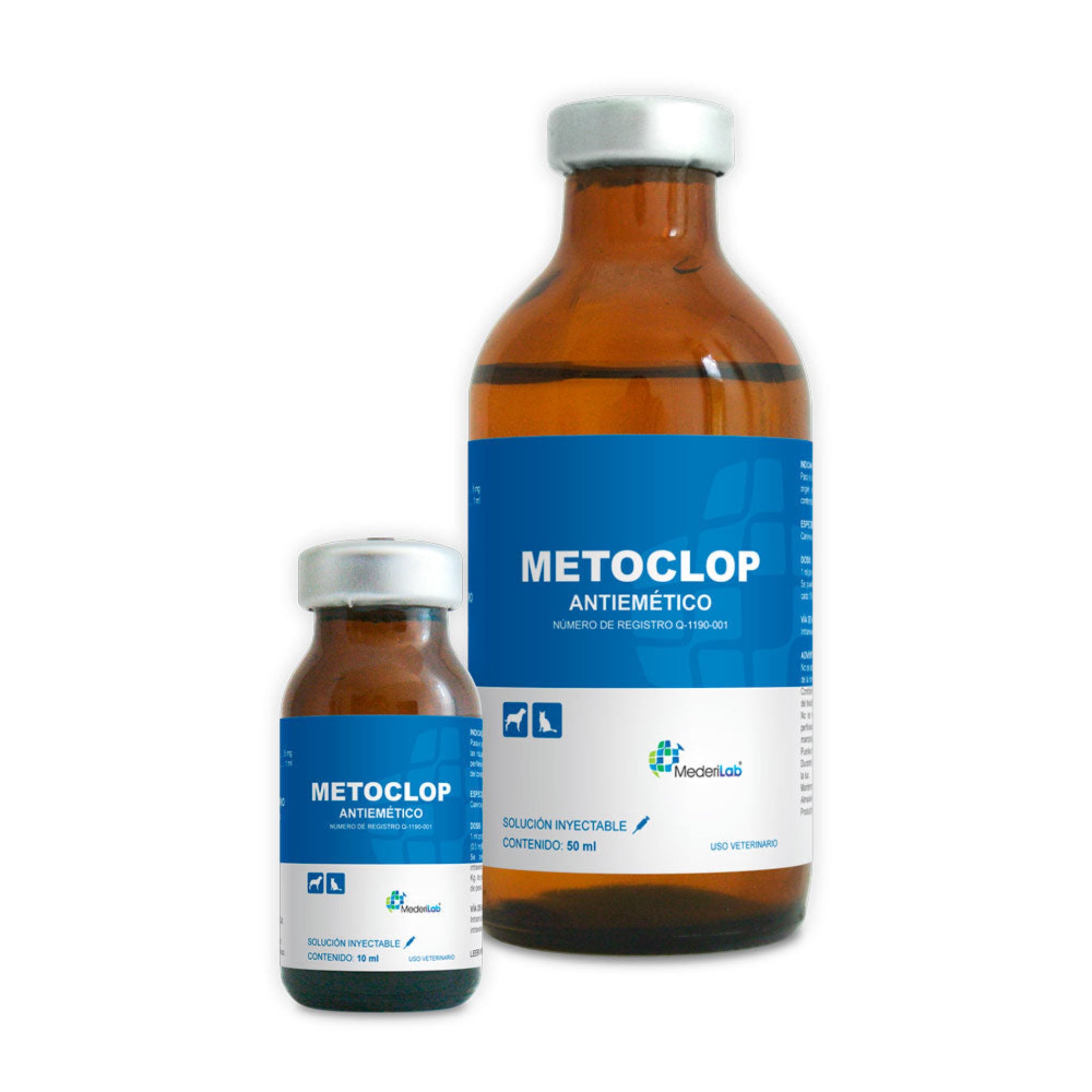 Metoclop inyectable Fotografía de Metoclop Inyectable, presentación de 10 ml, solución veterinaria para controlar náuseas y vómitos en perros y gatos.