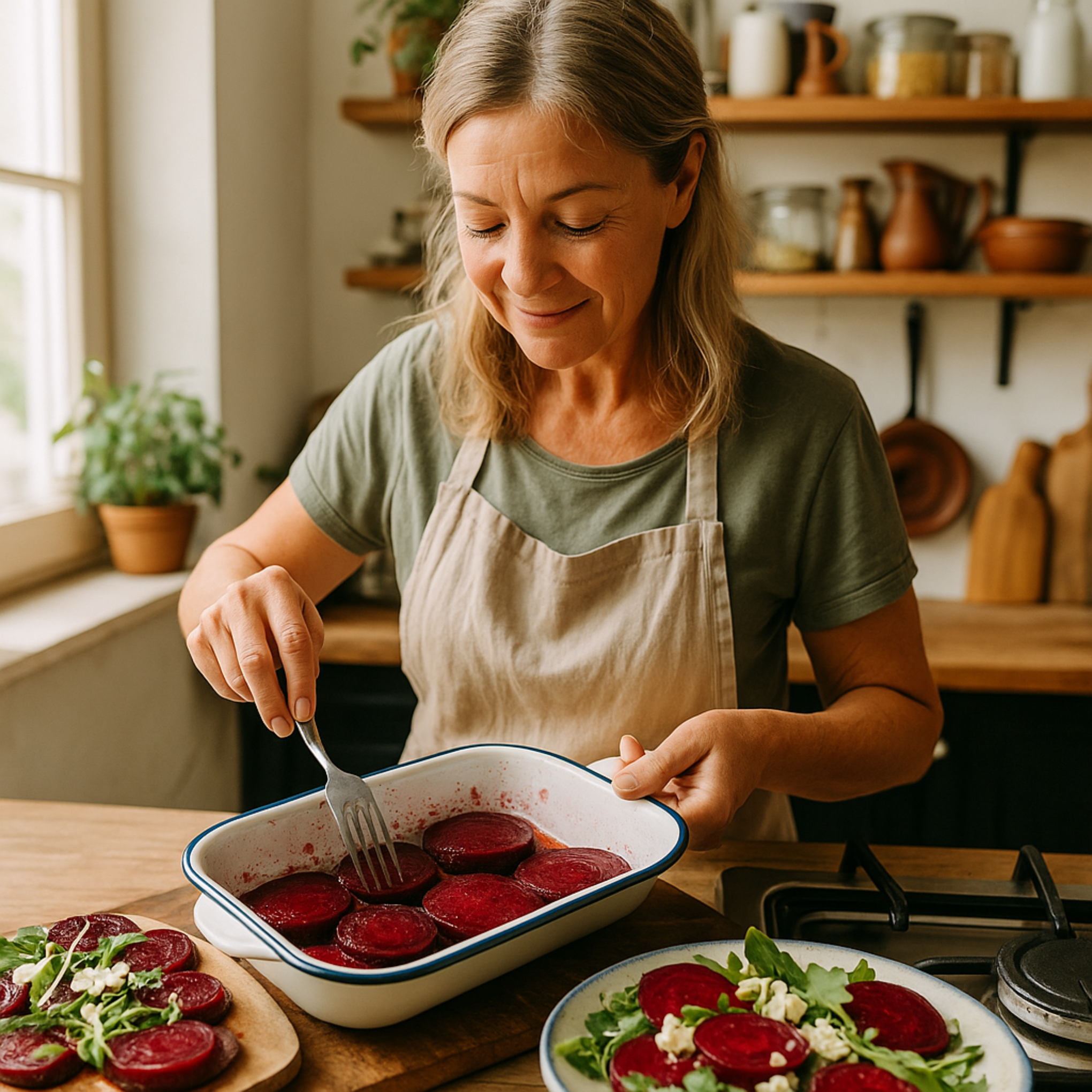 Semillas de Betabel (remolacha) Mujer preparando una ensalada de betabel y horneando rodajas en una cocina casera, mostrando la versatilidad y beneficios del cultivo doméstico.
