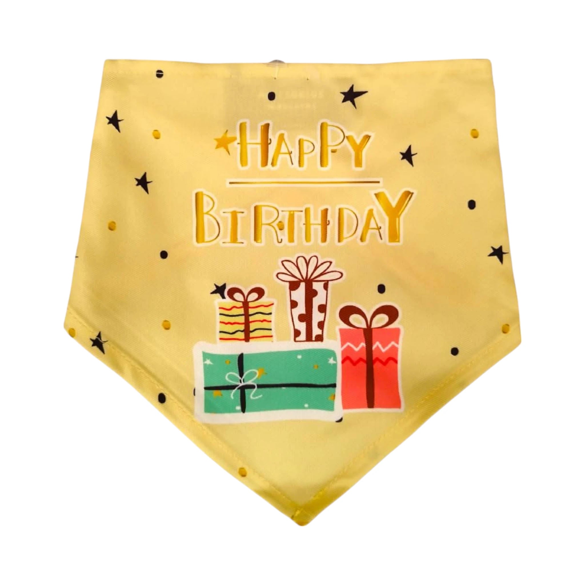 Pañuelo feliz cumpleaños Pañuelo amarillo para perro o gato con estampado de cajas de regalo y la frase “feliz cumpleaños”, ideal para fiestas y sesiones de fotos.