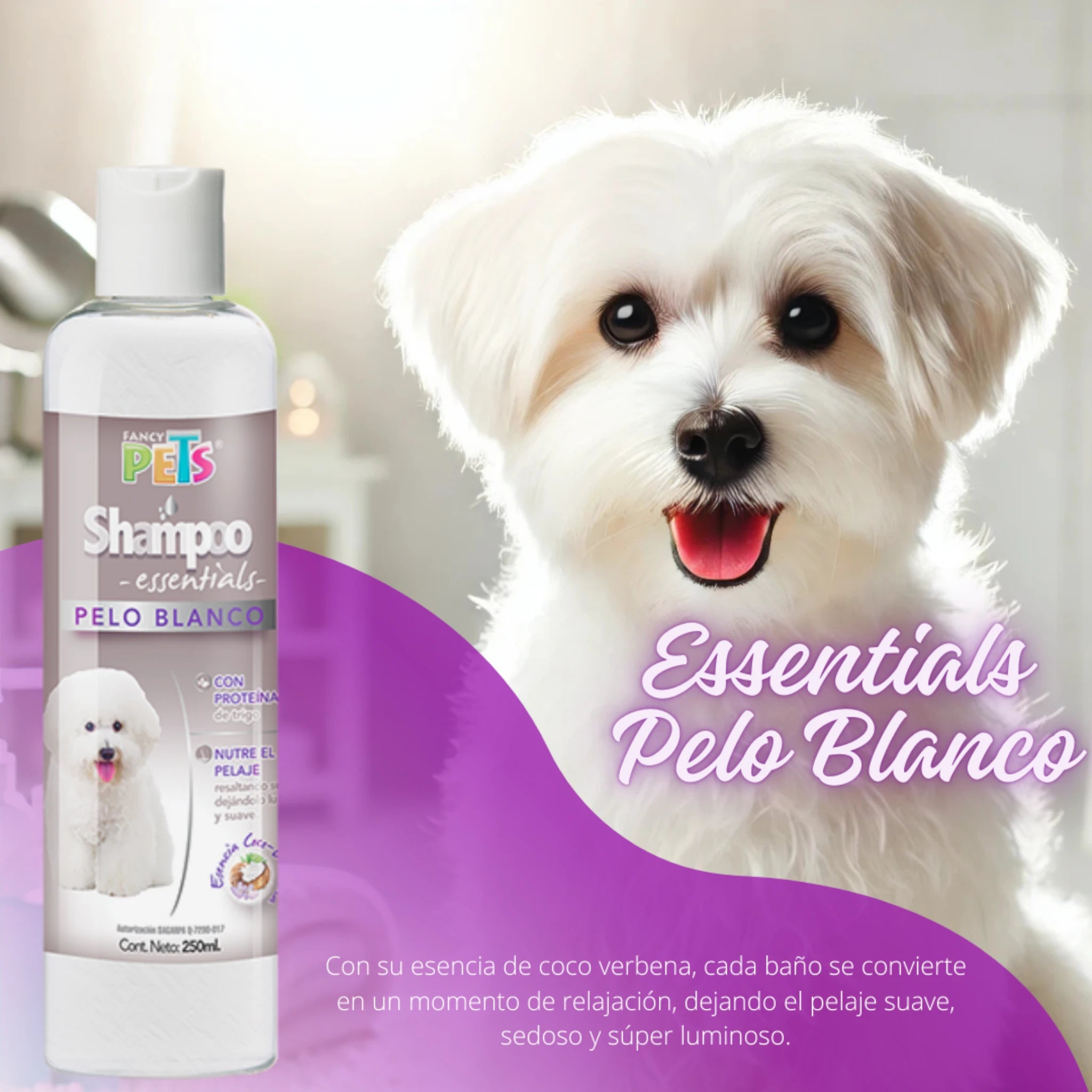 Shampoo para pelo blanco Perro blanco con pelaje brillante junto a Shampoo Essentials Pelo Blanco Fancy Pets, fondo con estilo relajante