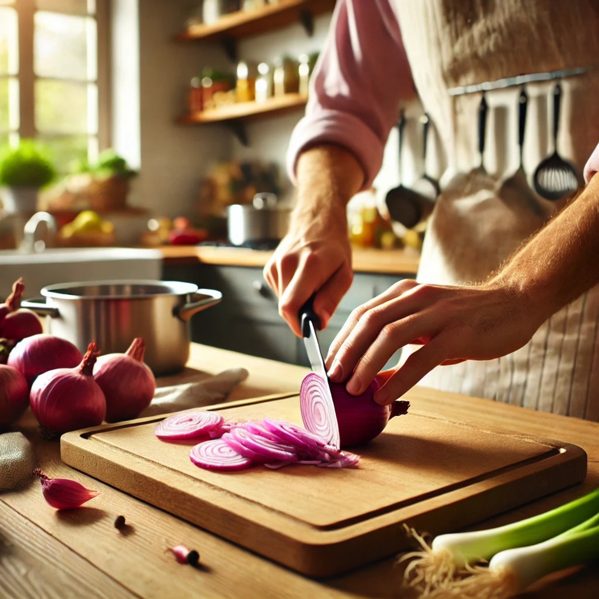 Semillas de Cebollas Rojas Persona picando cebolla roja en la cocina