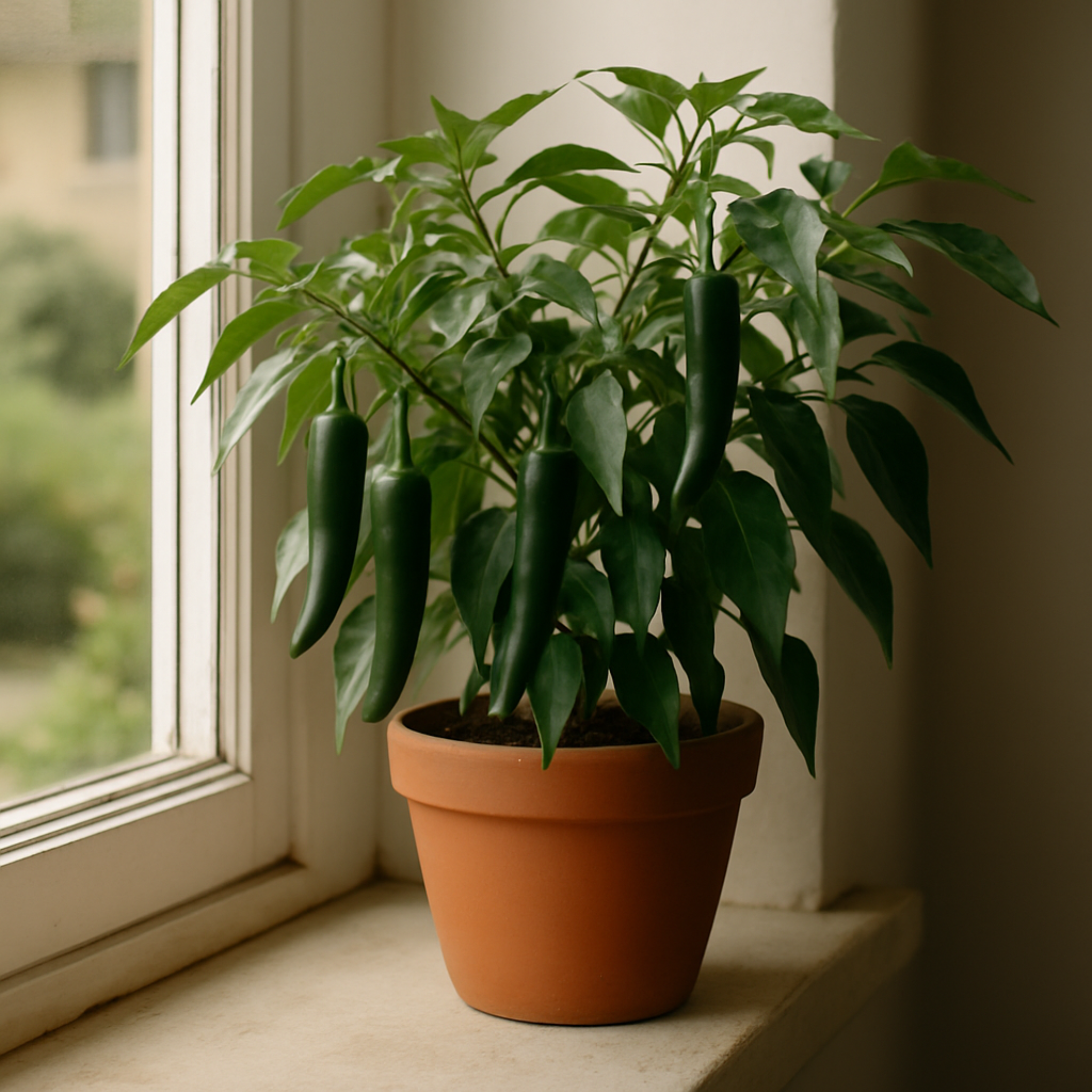 Semillas de chile chilaca Planta de chile chilaca en maceta de barro, colocada junto a una ventana con luz natural, mostrando frutos verdes alargados y hojas brillantes.