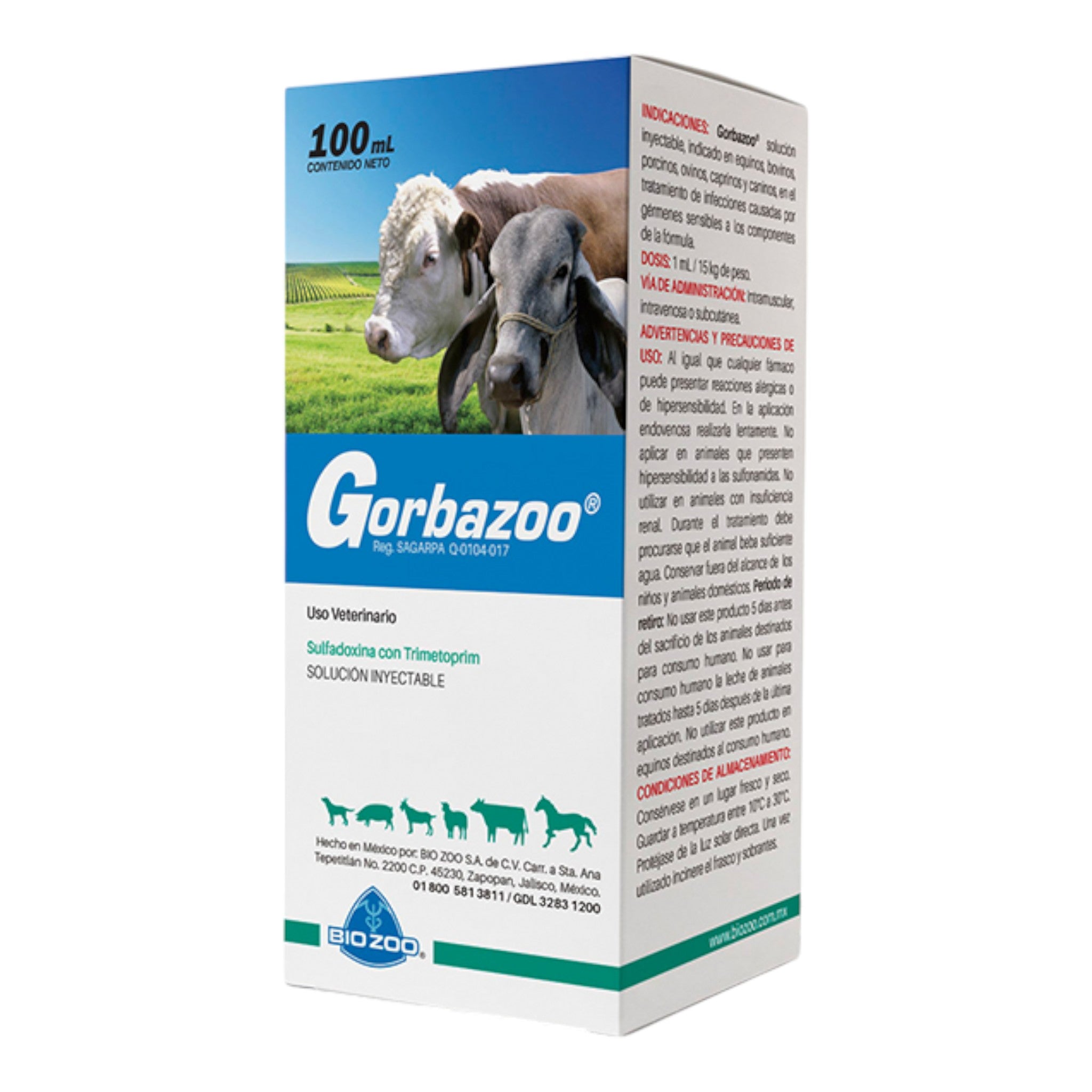 Gorbazoo Gorbazoo inyectable para el tratamiento de infecciones respiratorias, urinarias y digestivas en animales como bovinos, ovinos, caprinos, perros, cerdos y caballos.
