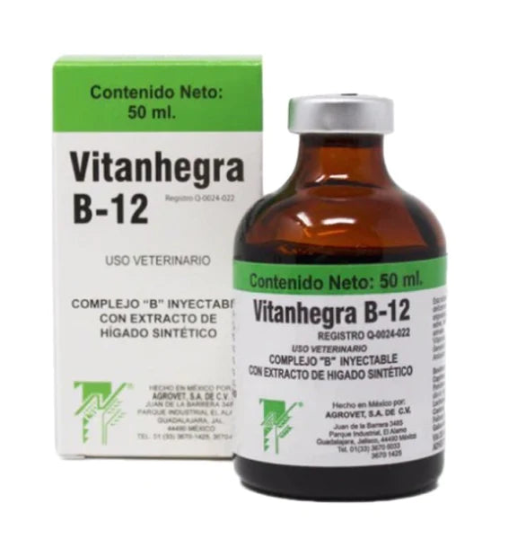 Vitanhegra B-12 Vista del producto Vitanhegra B-12 en su presentación comercial, suplemento vitaminico inyectable para varias especies