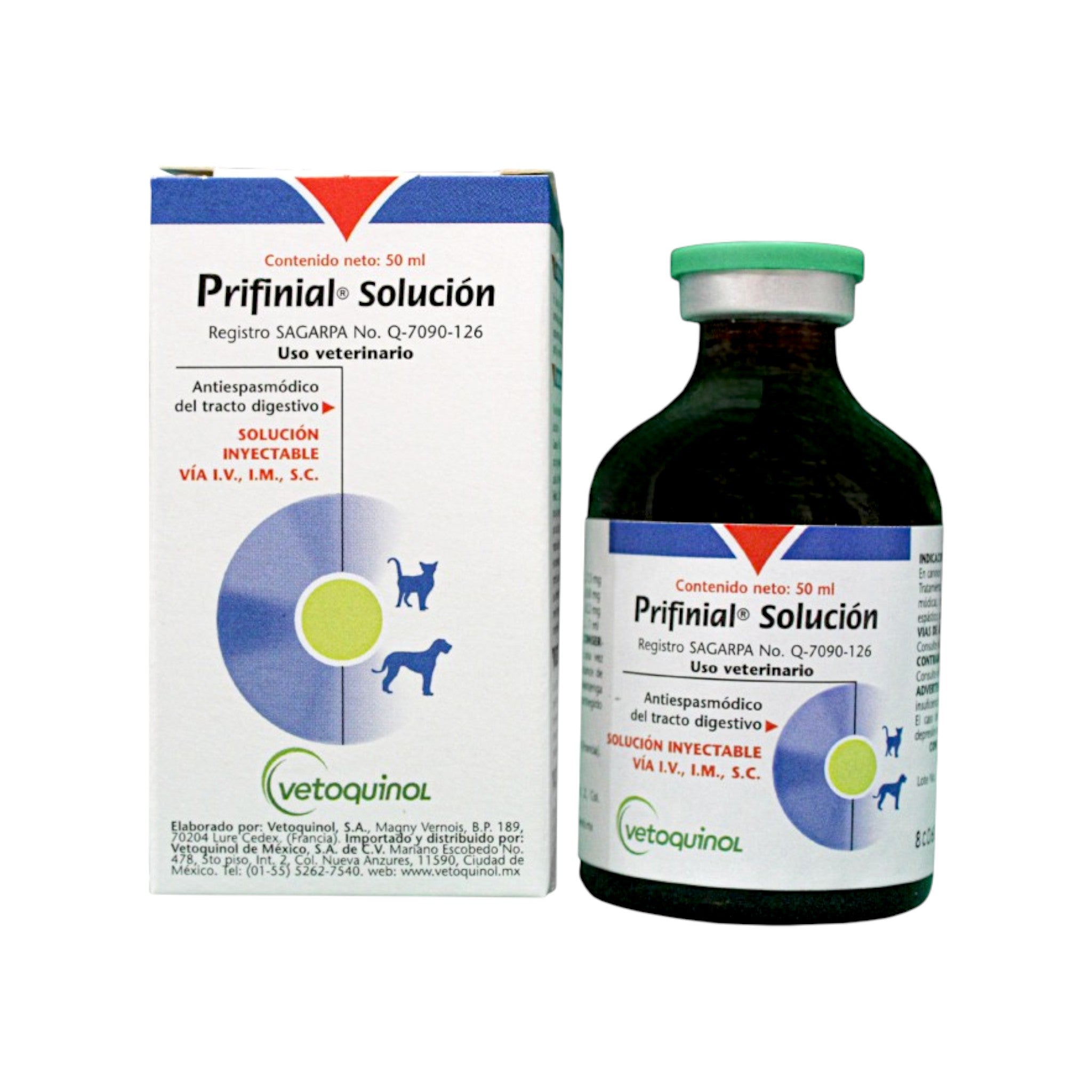 Prifinial Inyectable Imagen del medicamento Prifinial inyectable de 50 ml, indicado como antidiarreico y antiespasmódico para perros y gatos.