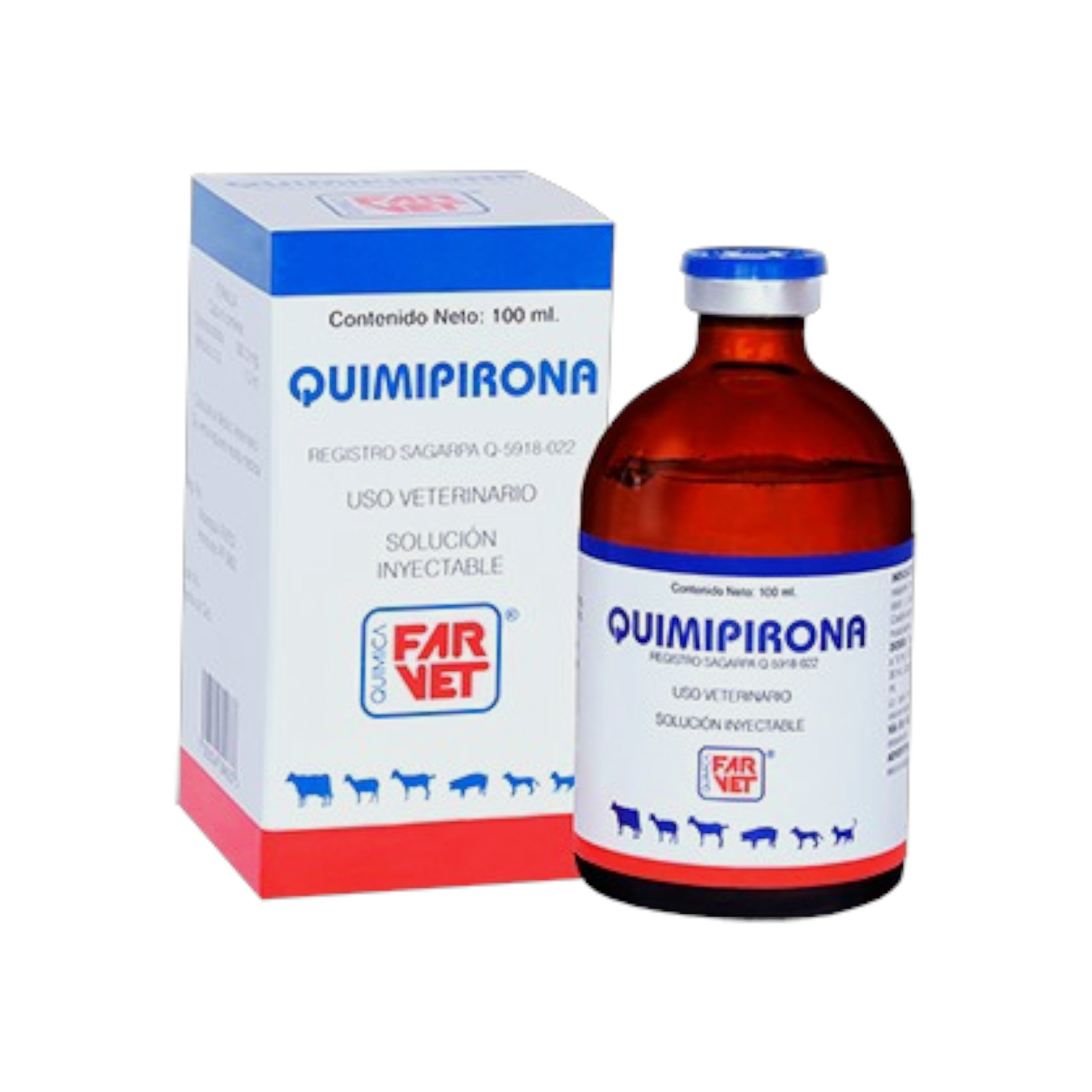 Quimipirona Solución Inyectable Imagen del frasco de Quimipirona Inyectable de 100 ml para tratamiento de fiebre y cólicos en animales.