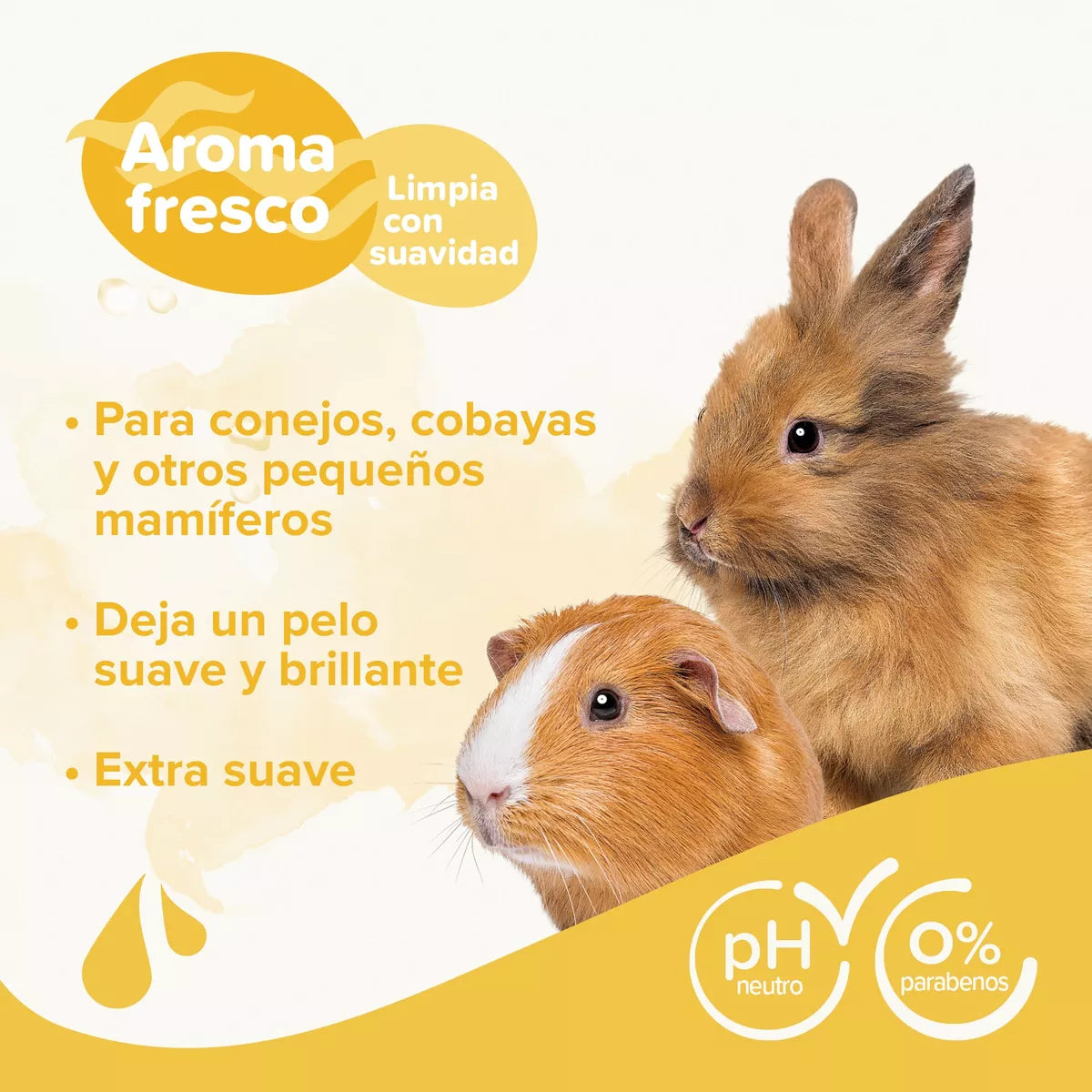 Shampoo para Conejos, cuyos y roedores Imagen con conejo y cuyo, beneficios del shampoo: pH neutro, sin parabenos, pelo suave y brillante