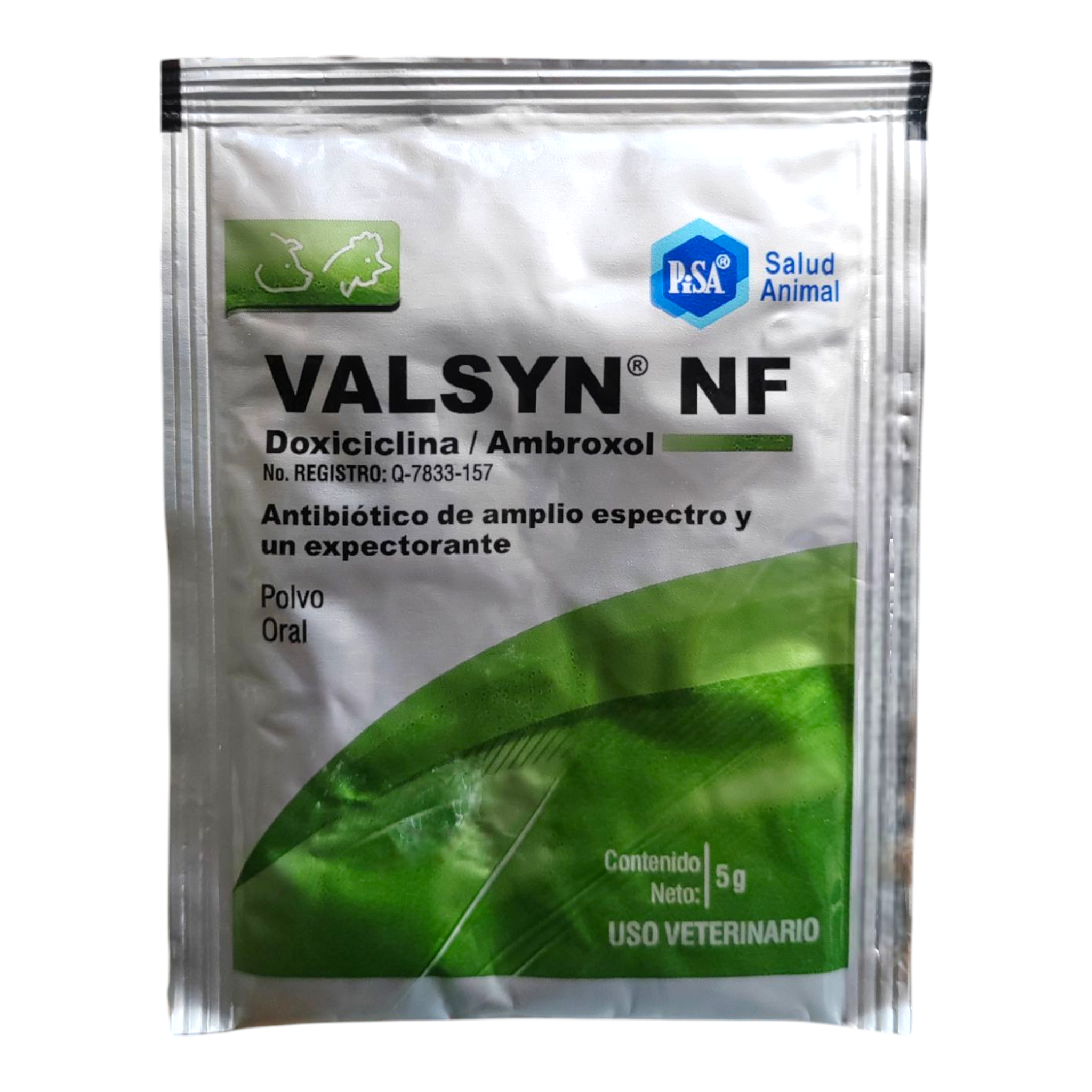 Valsyn NF Imagen del sobre Valsyn NF 5g, antibiótico y expectorante para aves y cerdos, tratamiento oral de infecciones respiratorias