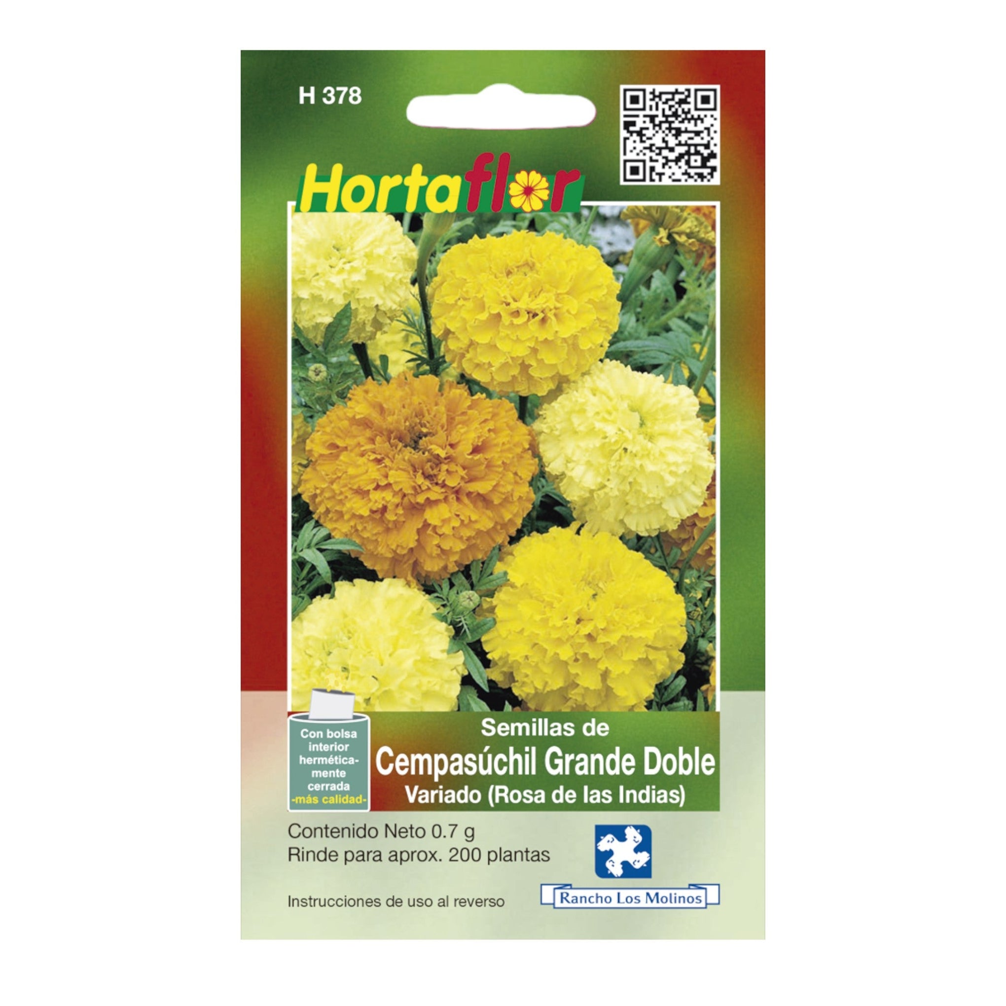 Semillas de Cempasúchil Grande Doble Fotografía de un sobre de semillas de Cempasúchil Grande Doble, ideal para jardines y altares de Día de Muertos